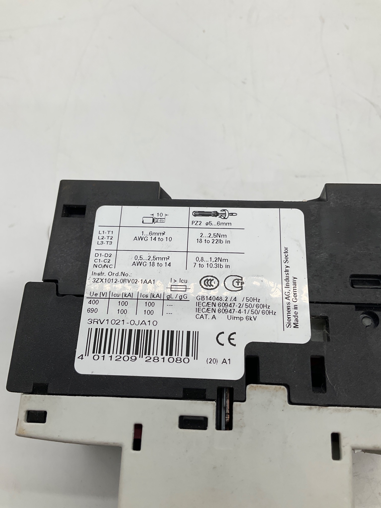 Siemens 3RV1021-0JA10 SIRIUS Motor Protection Circuit Breaker 0.7-1.0A USED 3