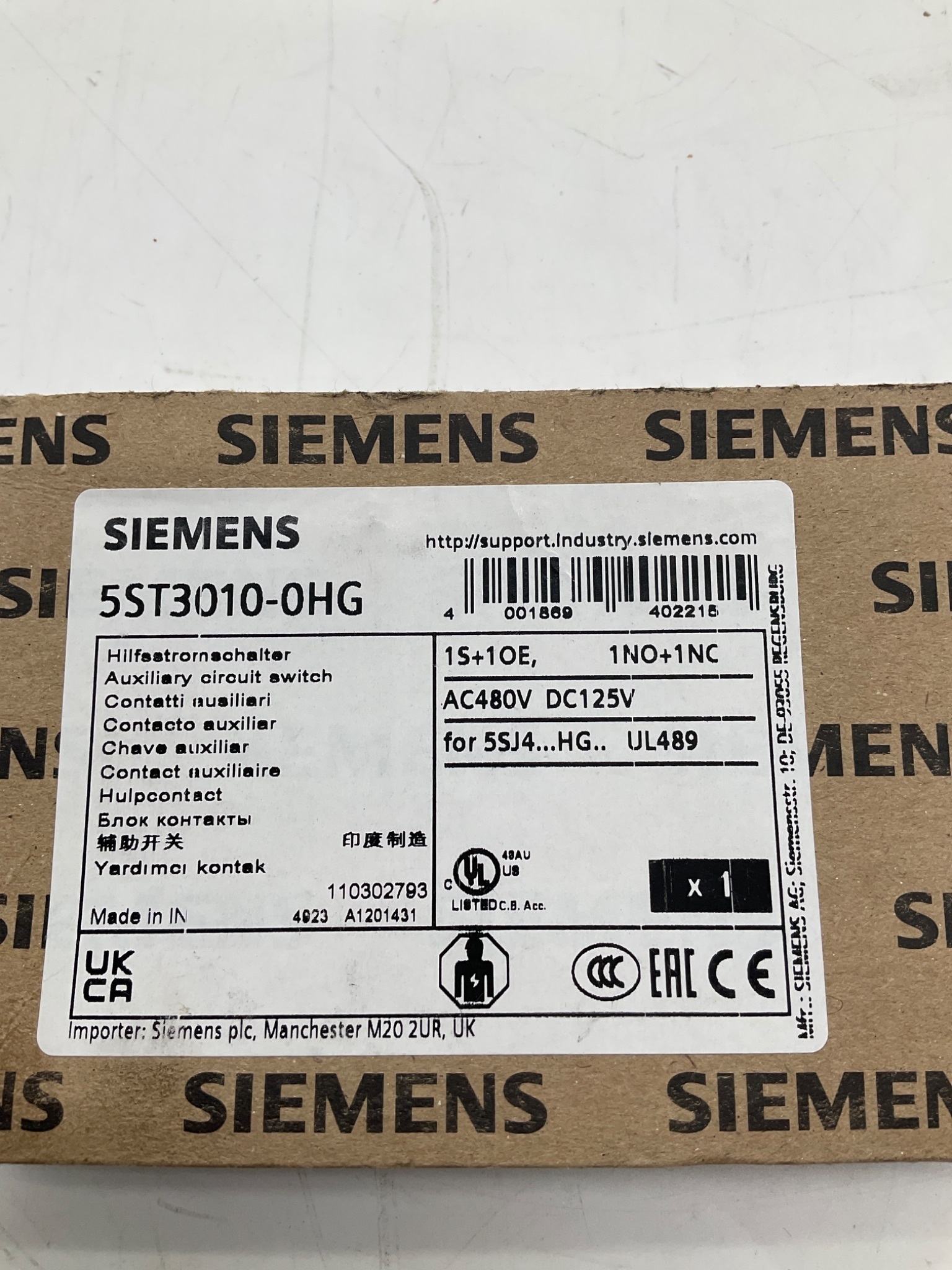 Siemens 5ST3010-0HG Auxiliary Circuit Switch 1NO+1NC NEW 1