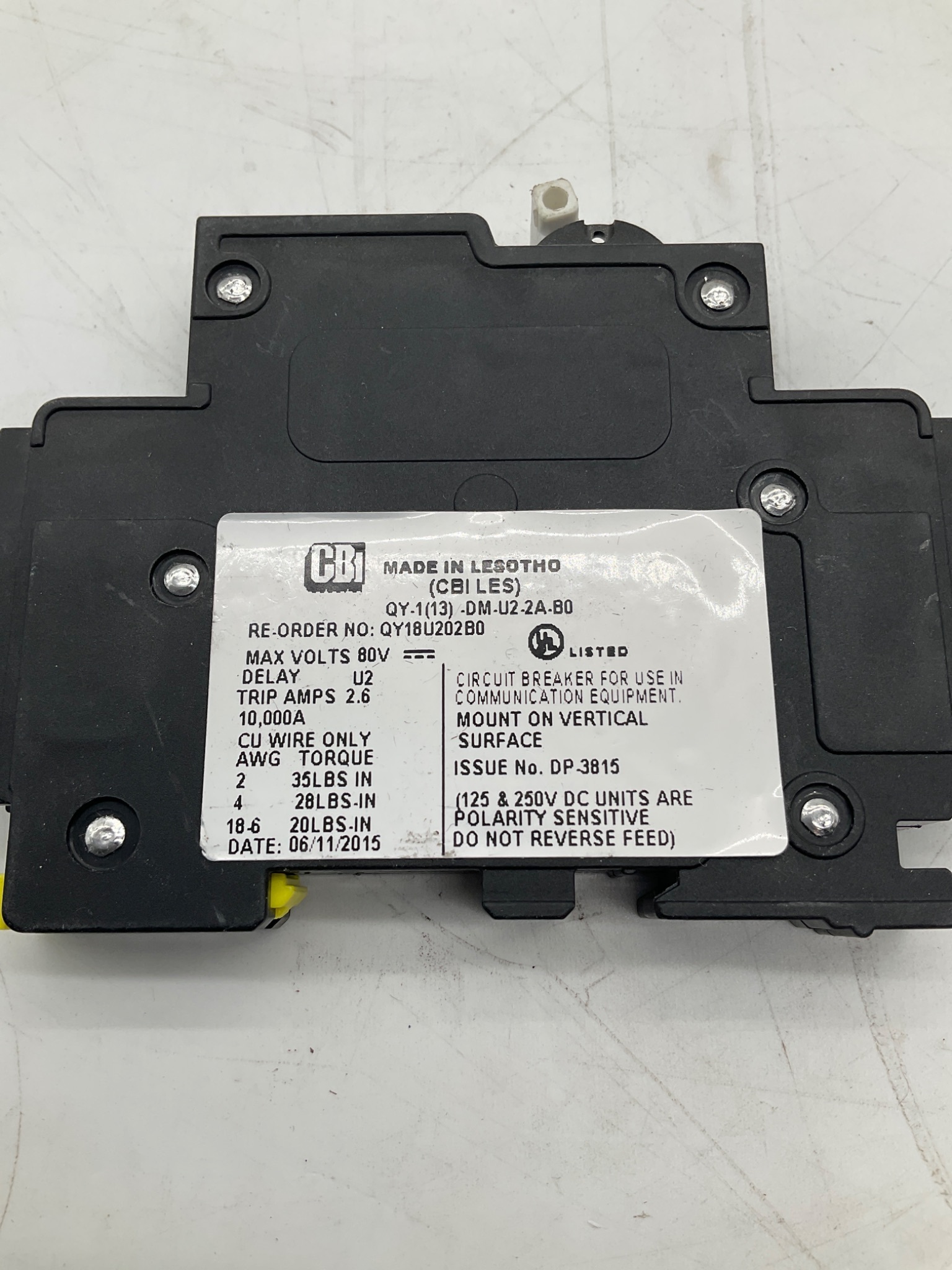 CBI Electric QY-1(13)-DM-U2-2A-B0 Hydraulic Magnetic Circuit Breaker 2.6A USED 0
