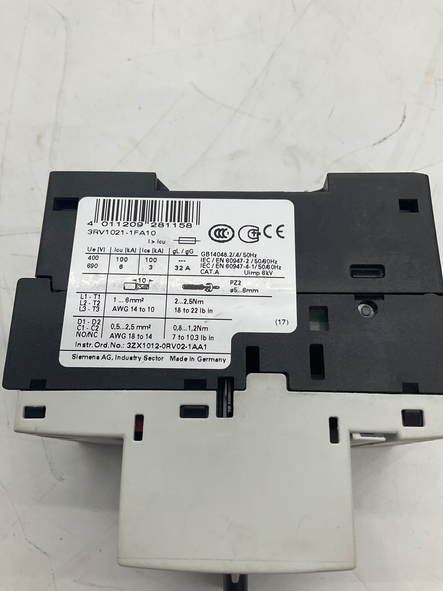 Siemens 3RV1021-1FA10 SIRIUS Motor Protection Circuit Breaker 4.5-6.3A USED 2