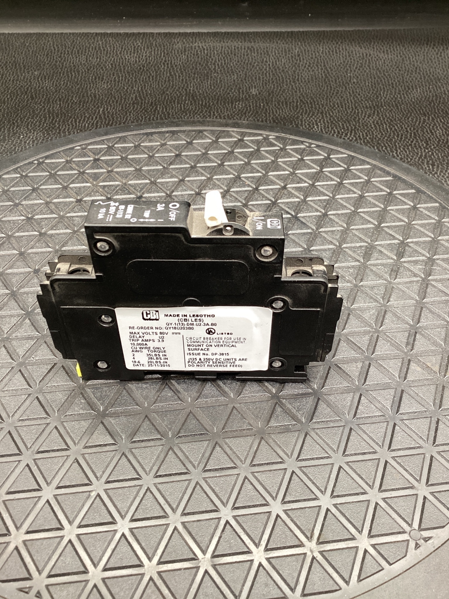 CBI ELECTRIC QY-1(13)-DM-U2-3A-B0 Miniature Circuit Breaker 3A 80VDC USED 1
