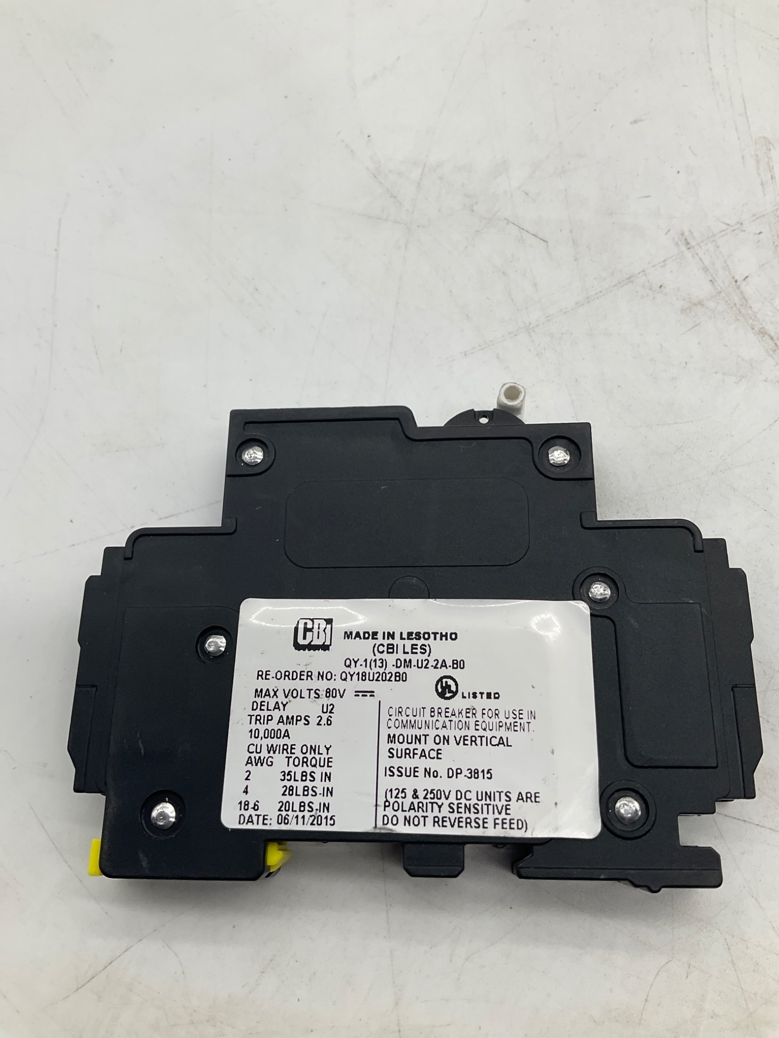 CBI ELECTRIC QY-1(13)-DM-U2-2A-B0 Miniature Circuit Breaker 2A 80VDC USED 0