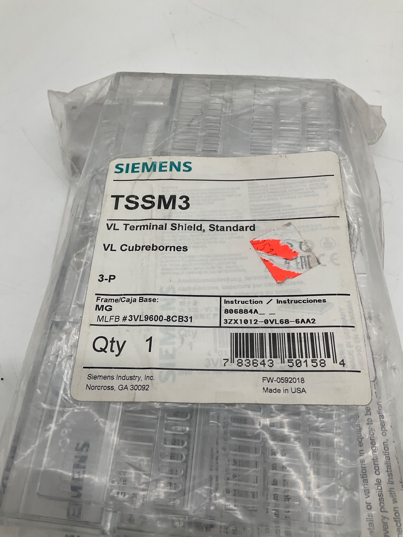 SIEMENS TSSM3 VL Terminal Shield 3-Pole Frame MG NEW 1