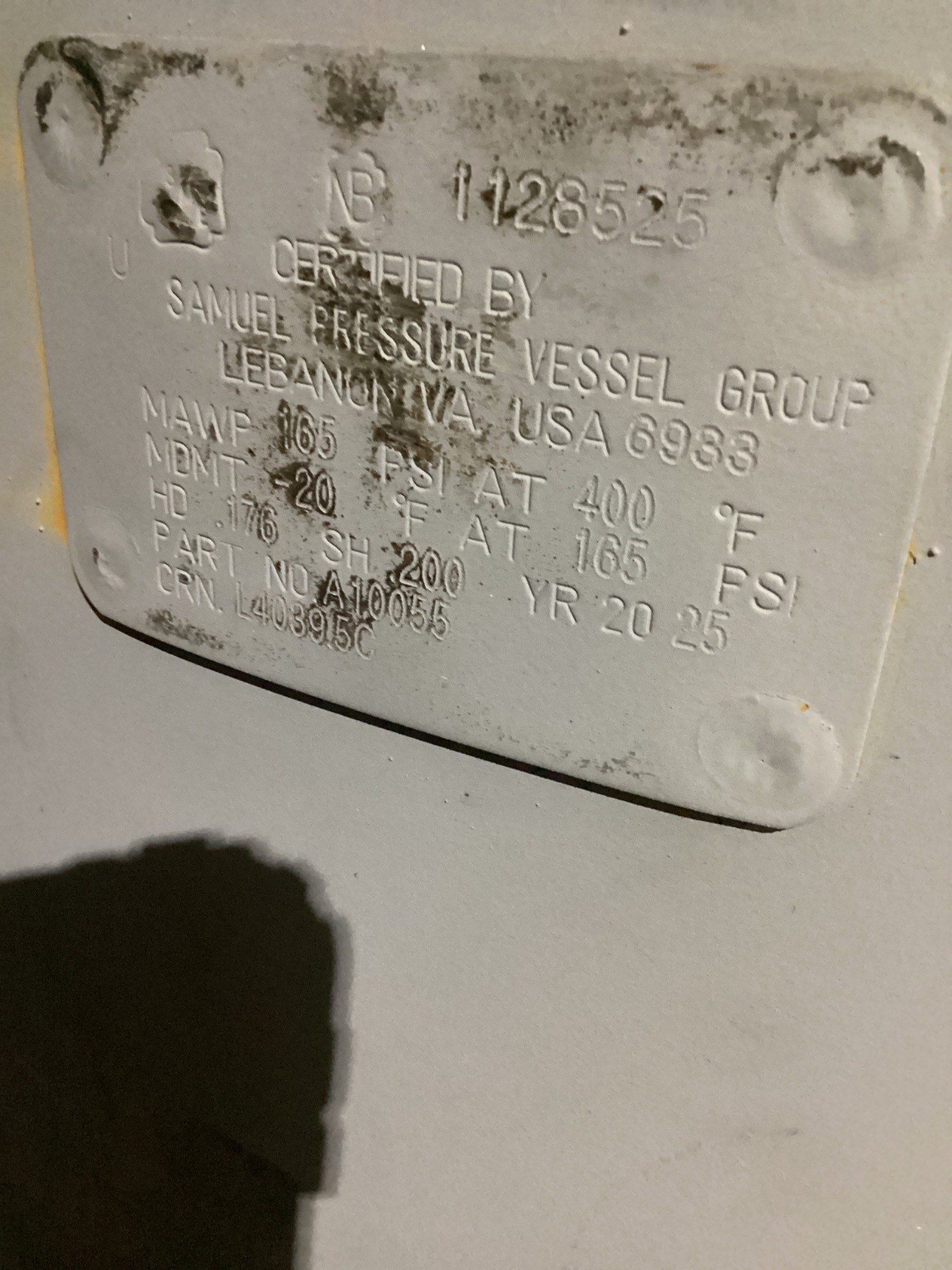 SAMUEL PRESSURE VESSEL GROUP A10055 Vertical Air Receiver Tank USED 1