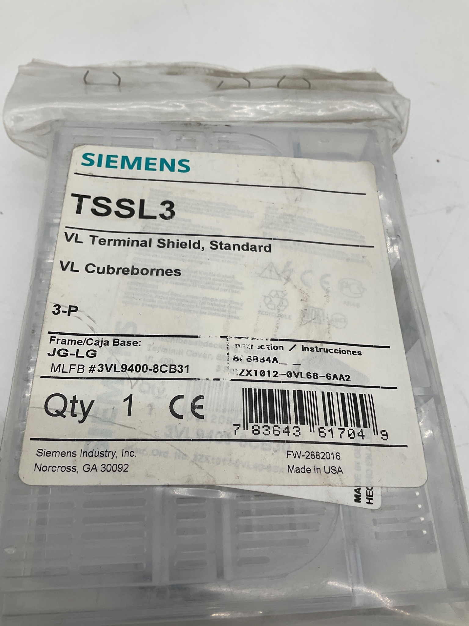 SIEMENS TSSL3 VL Terminal Shield 3-Pole NEW 1
