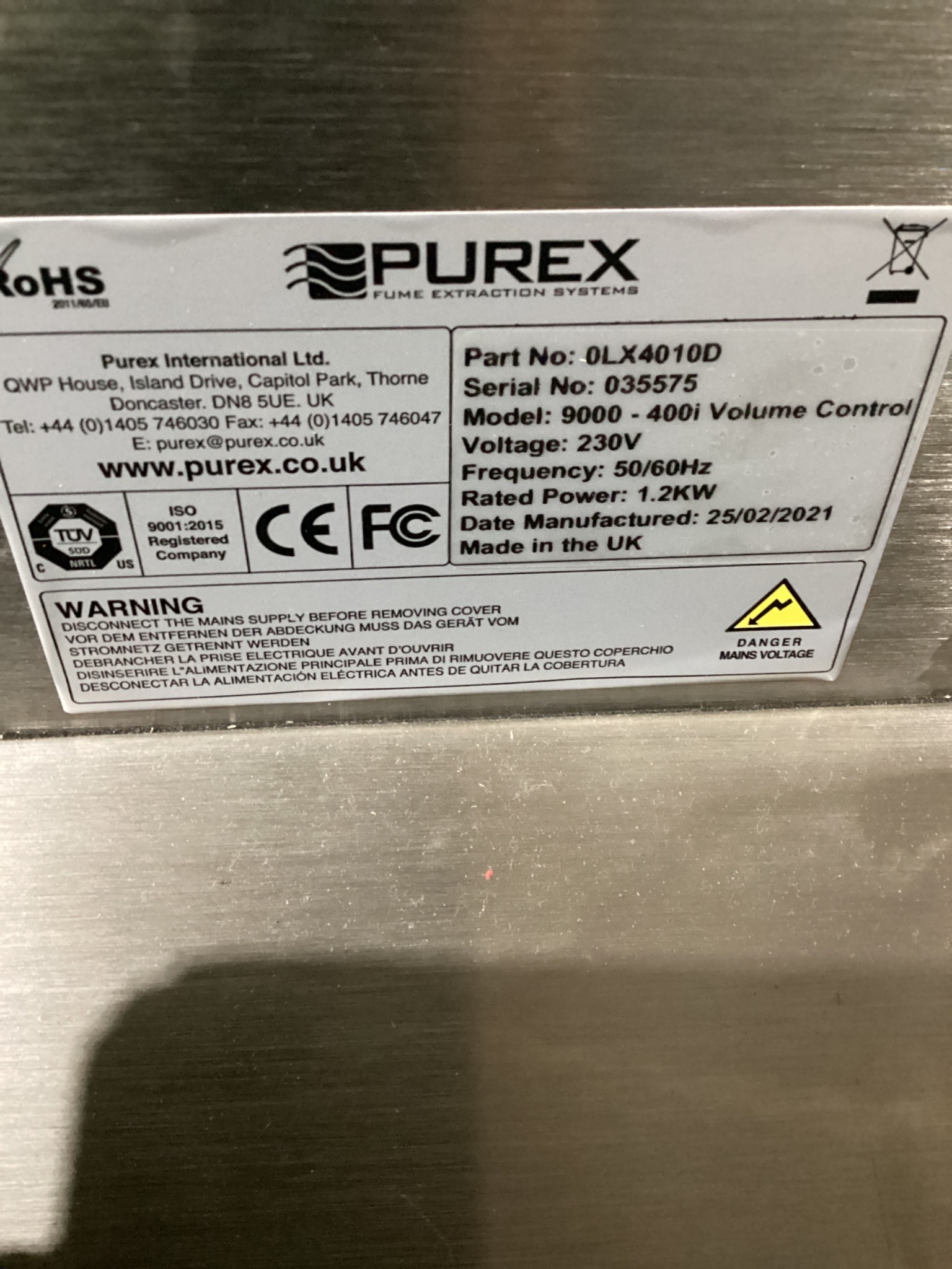 PUREX 0LX4010D 9000-400i Volume Control Fume Extraction System NEW 4
