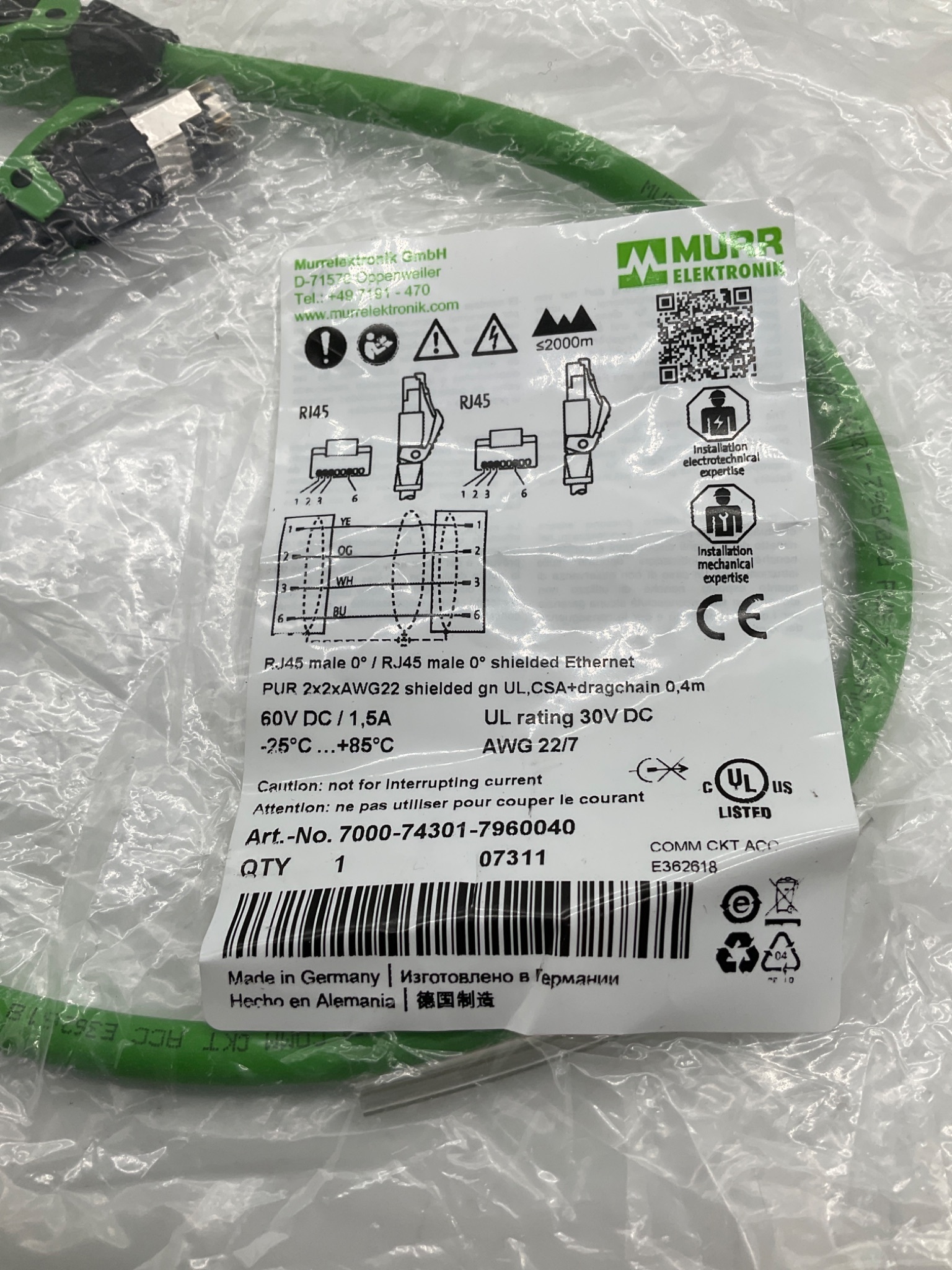 MURR ELEKTRONIK 7000-74301-7960040 Industrial Ethernet Cable 0.4M RJ45-RJ45 NEW 1