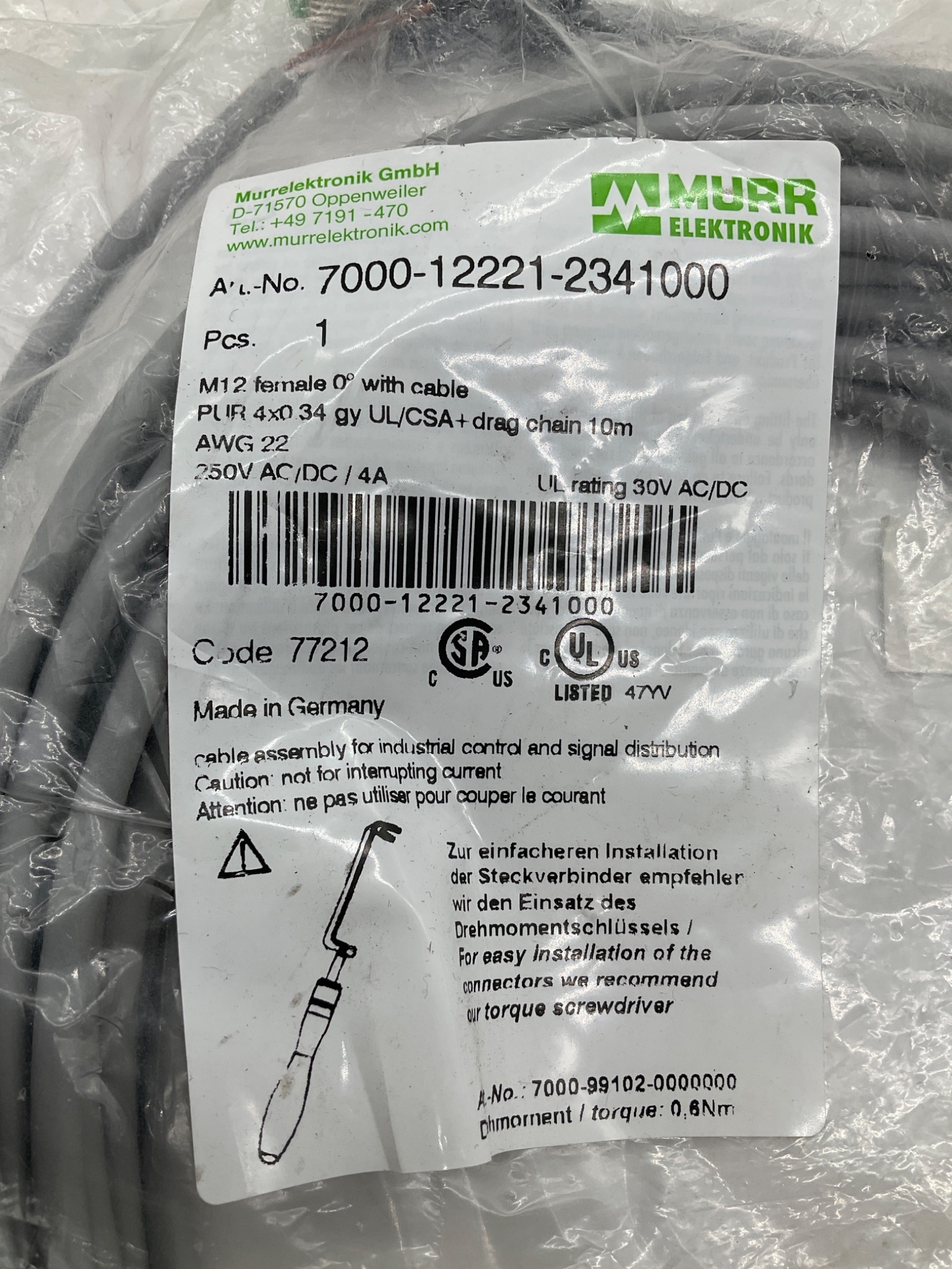 MURR ELEKTRONIK 7000-12221-2341000 M12 Female Cordset 10M NEW 1