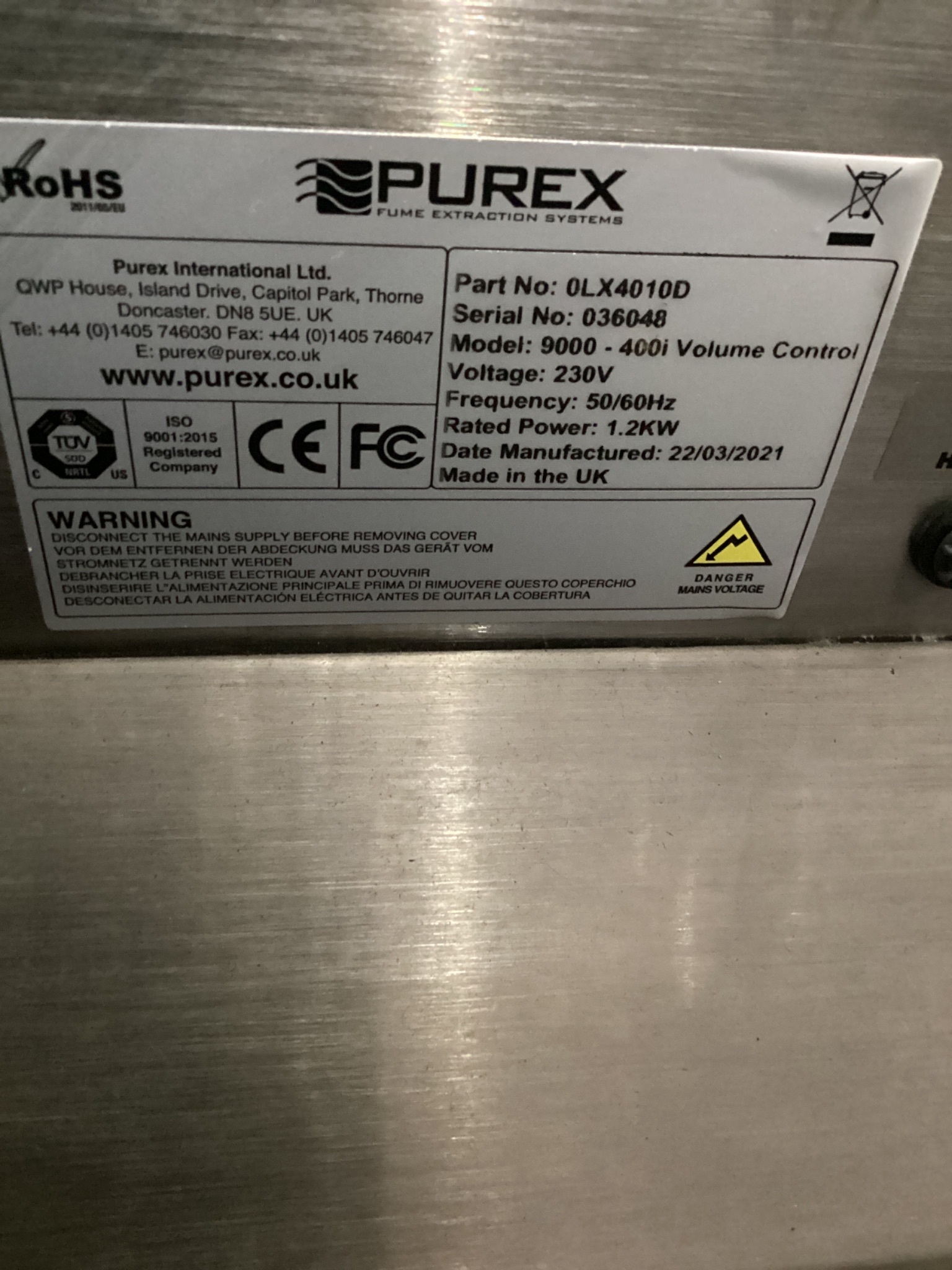 PUREX 0LX4010D 9000-400i Volume Control Fume Extraction System NEW 3