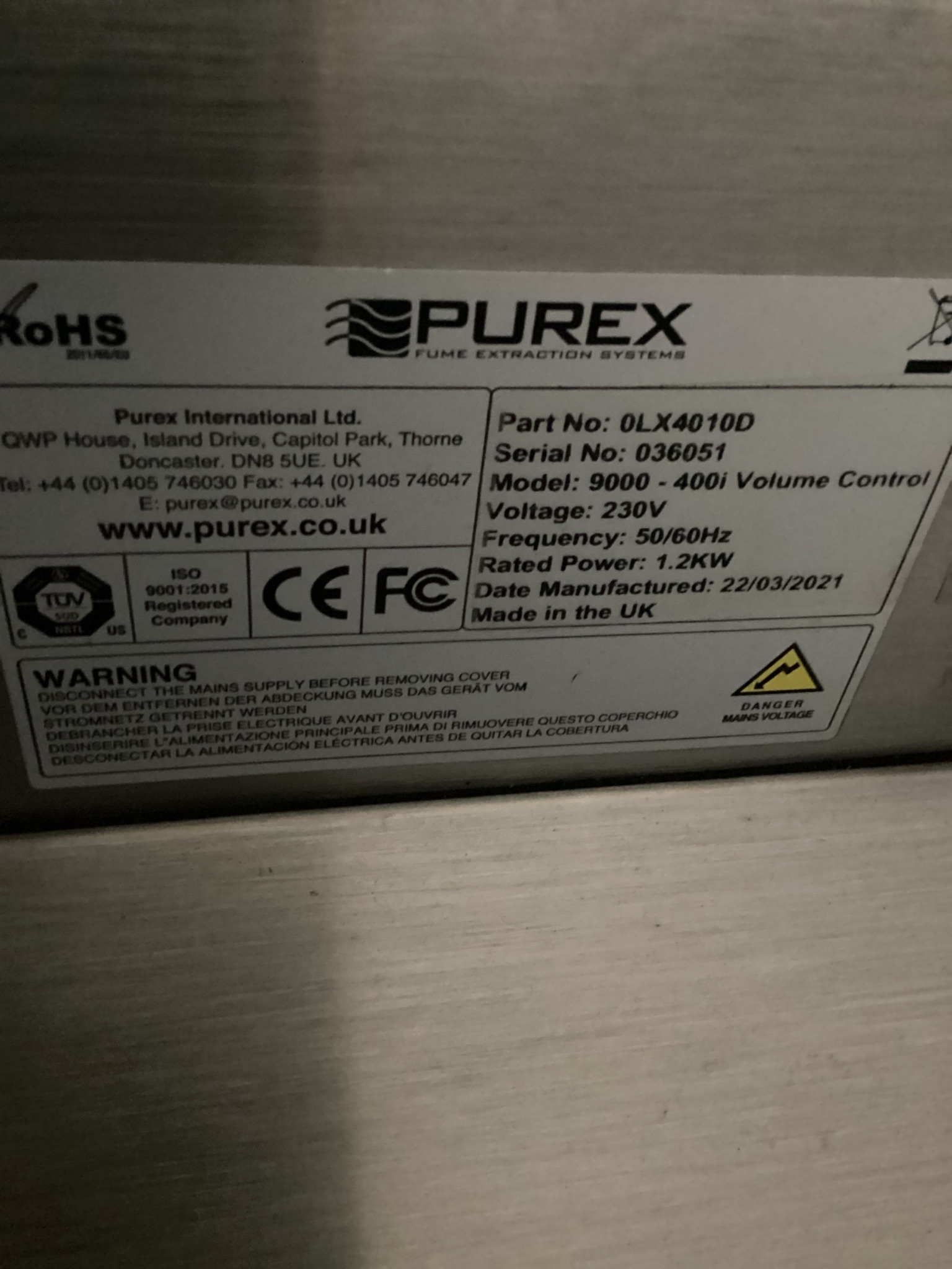 PUREX 0LX4010D 9000-400i Volume Control Fume Extraction System NEW 4