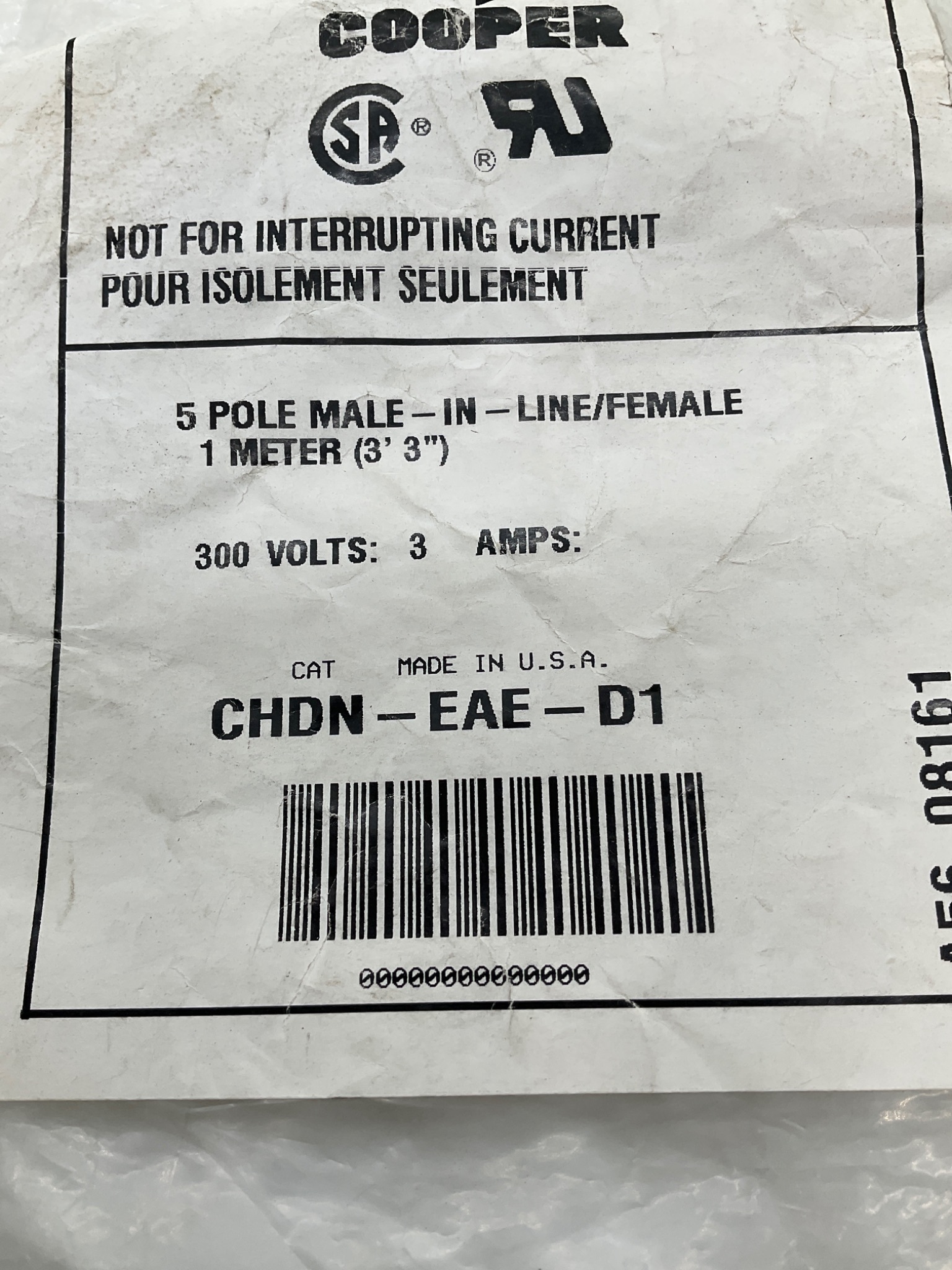 COOPER CHDN-EAE-D1 5 Pole Male In-Line Female Cordset 1M NEW 1