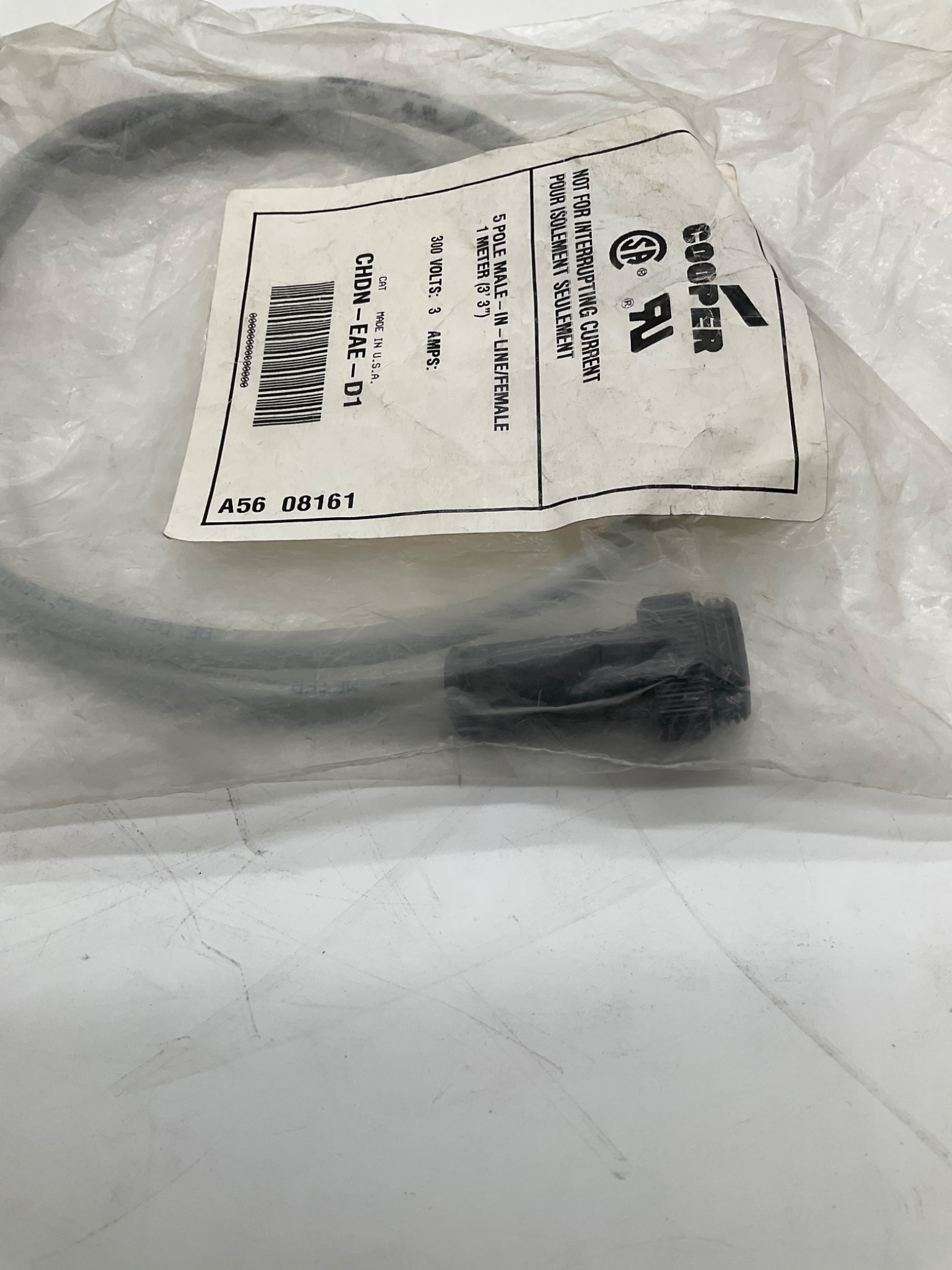 COOPER CHDN-EAE-D1 5 Pole Male In-Line Female Cordset 1M NEW 2