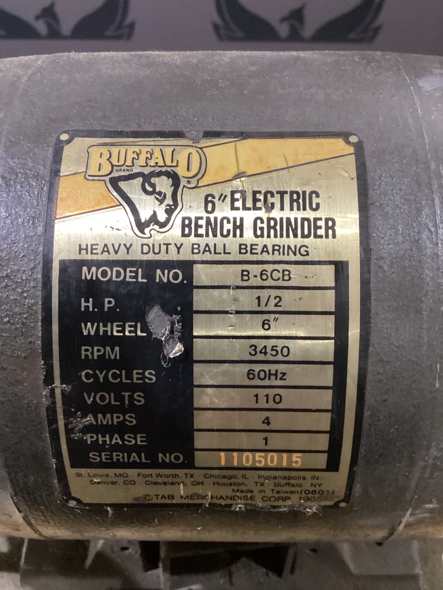 BUFFALO B-6CB 6 In Bench Grinder 1/2 HP 3450 RPM USED 1