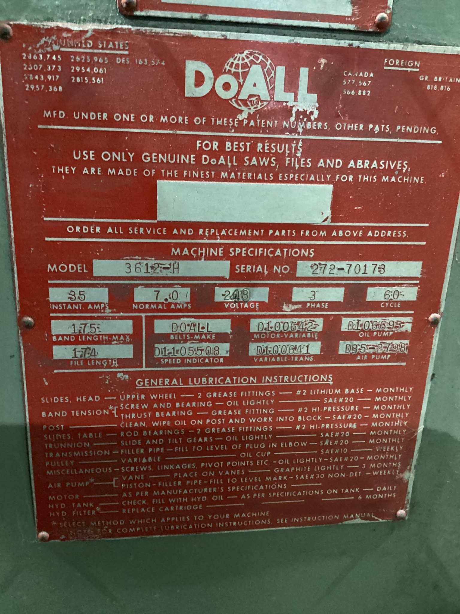 DOALL 3612-1H Vertical Contour Bandsaw USED 1