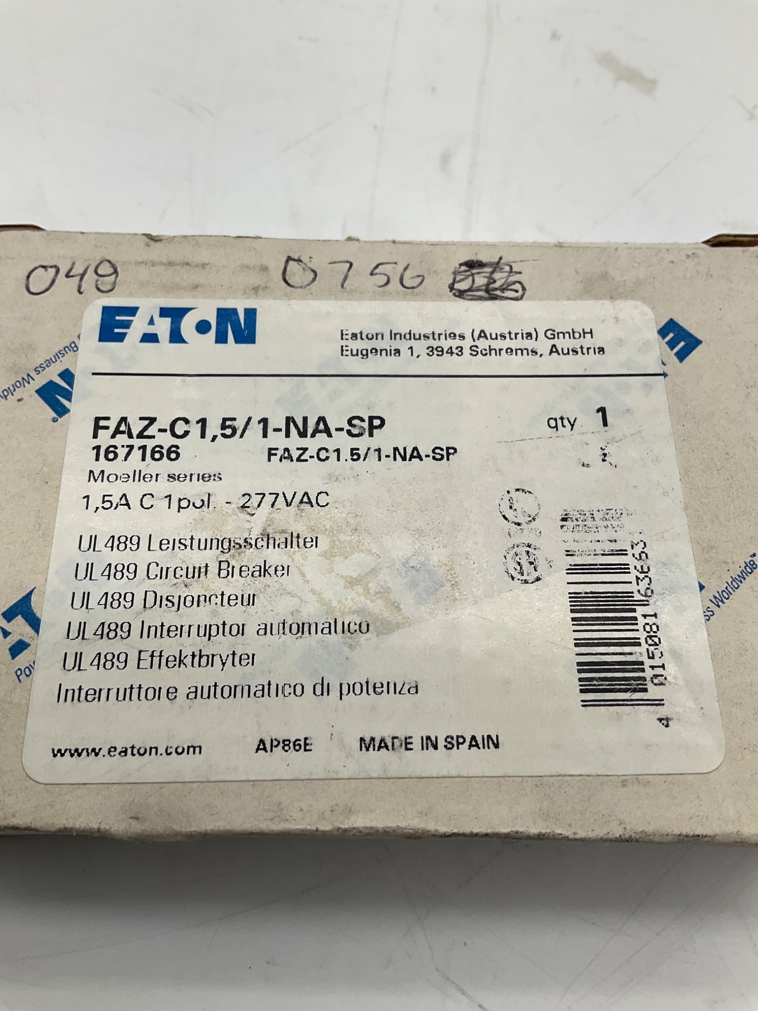 EATON FAZ-C1.5/1-NA-SP UL489 Miniature Circuit Breaker 1.5A NEW 1