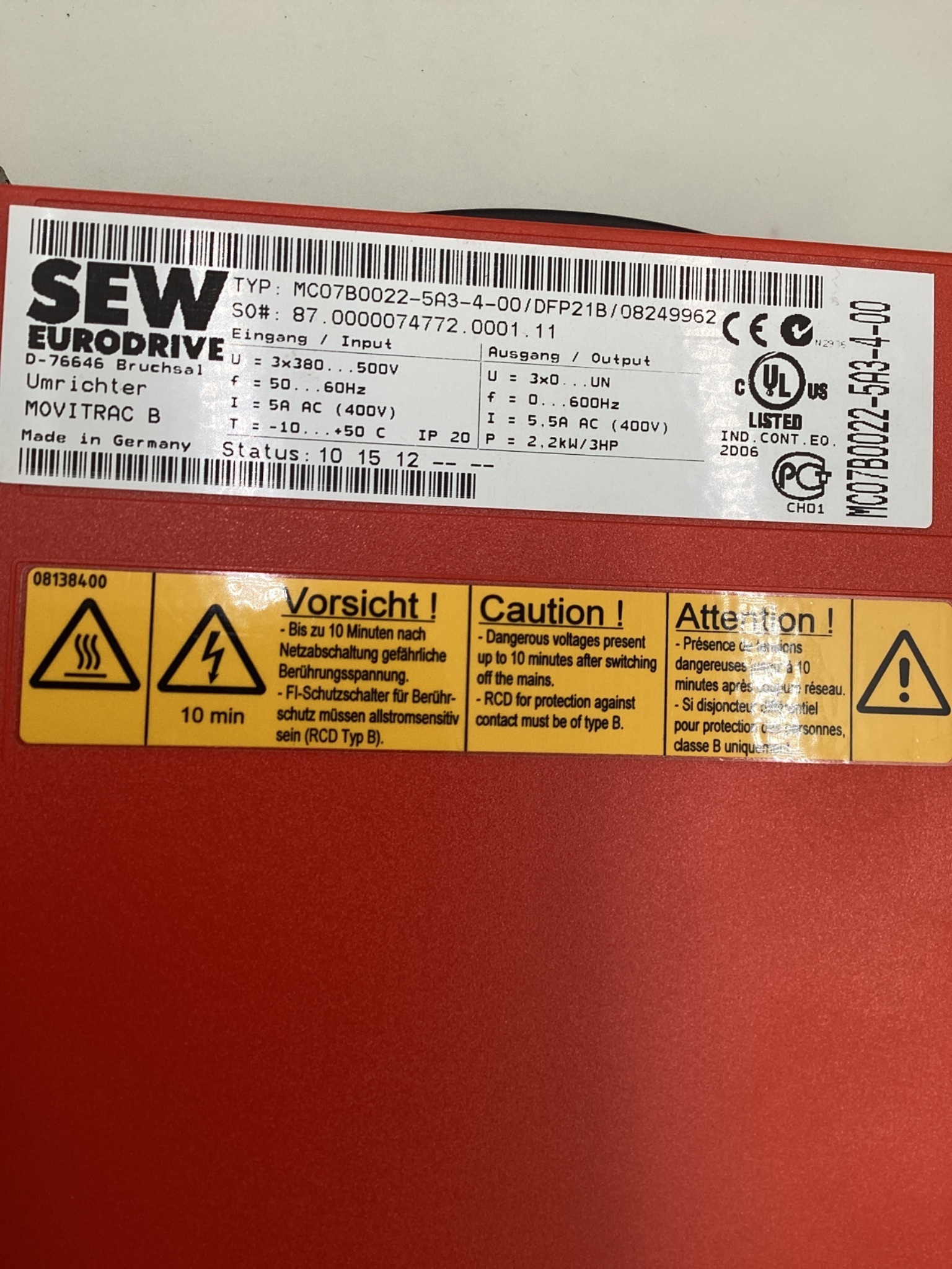 SEW-EURODRIVE MC07B0022-5A3-4-00 MOVITRAC B Variable Frequency Drive USED 2