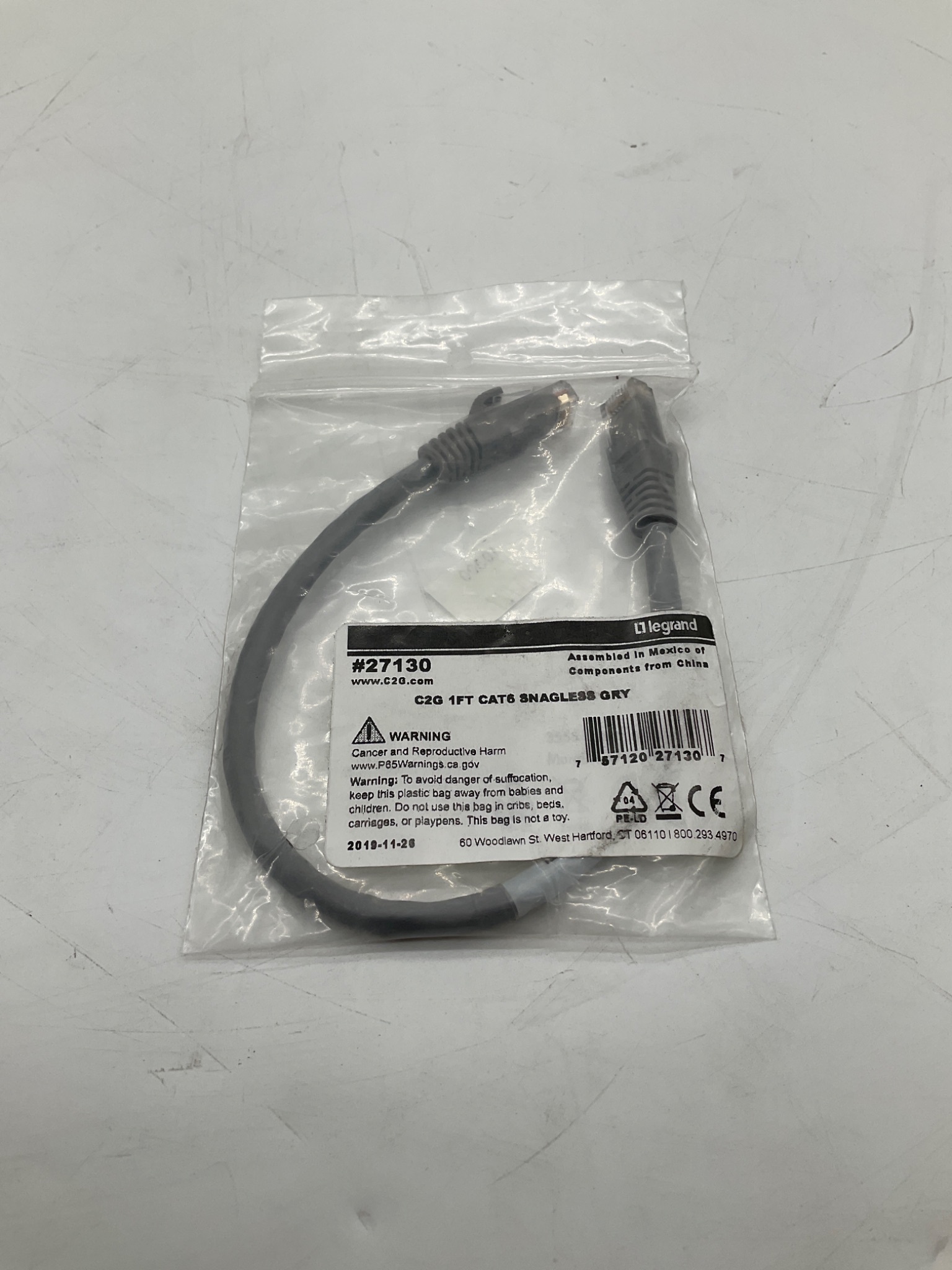 Legrand 27130 Cat6 Snagless Ethernet Patch Cable 1 Ft Gray NEW 0