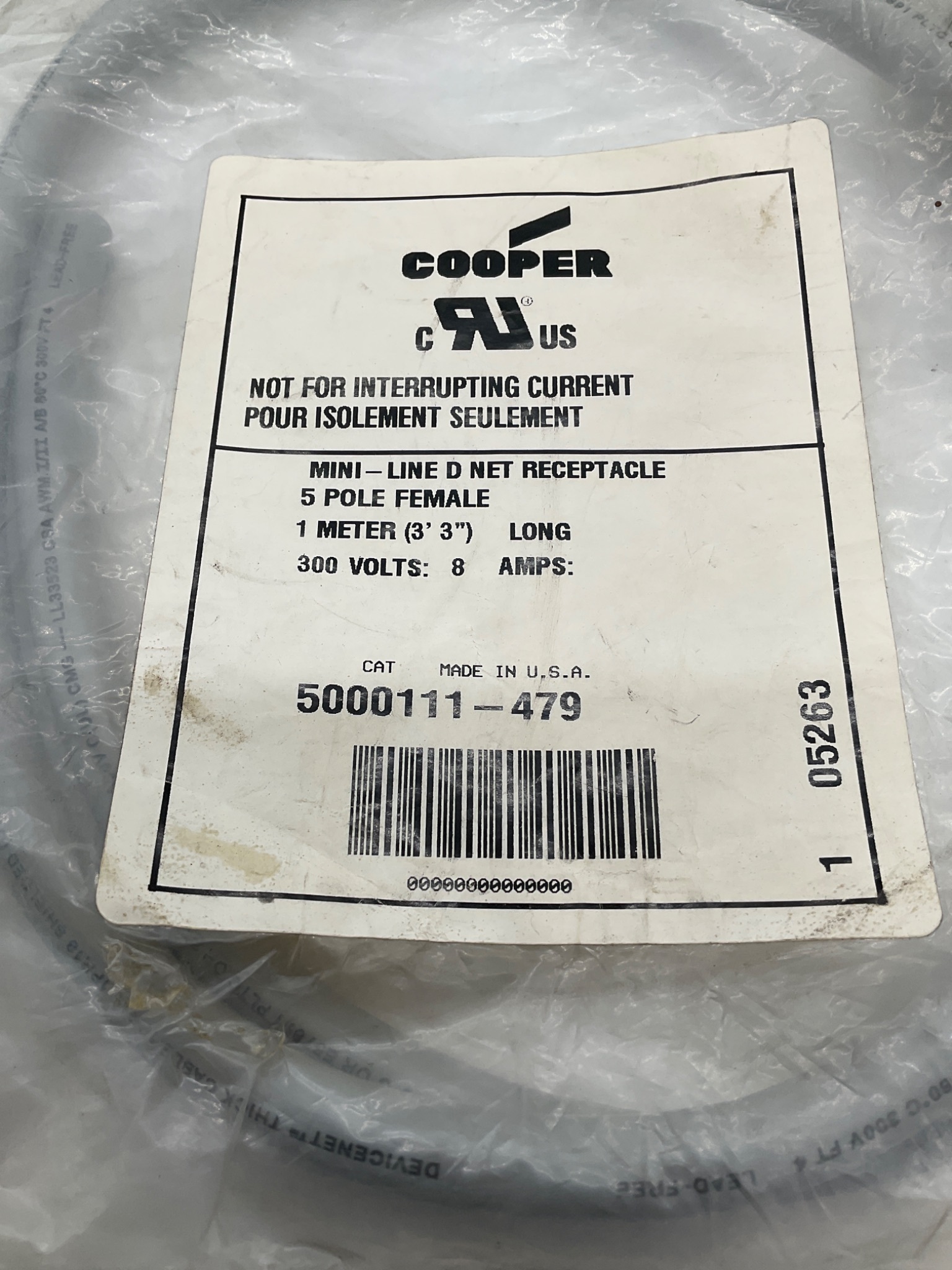 Cooper 5000111-479 Mini-Line D Net Receptacle Cable 5 Pole Female 1 Meter NEW 1