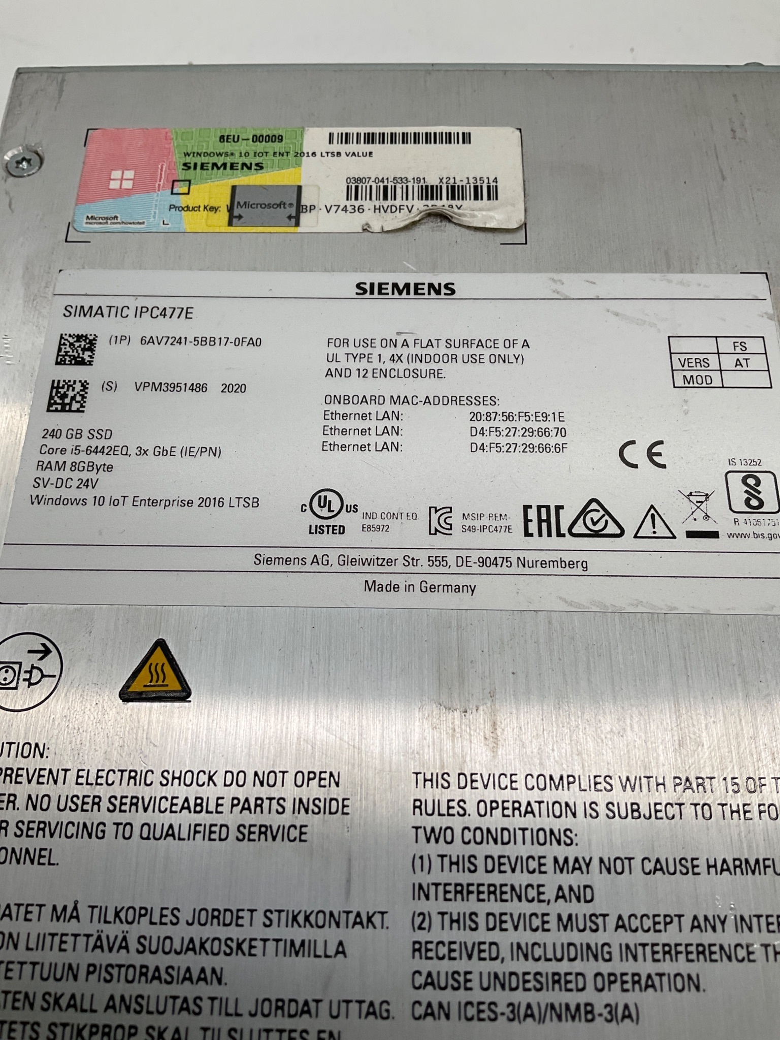 SIEMENS 6AV7241-5BB17-0FA0 SIMATIC IPC477E Touch Panel PC USED 5