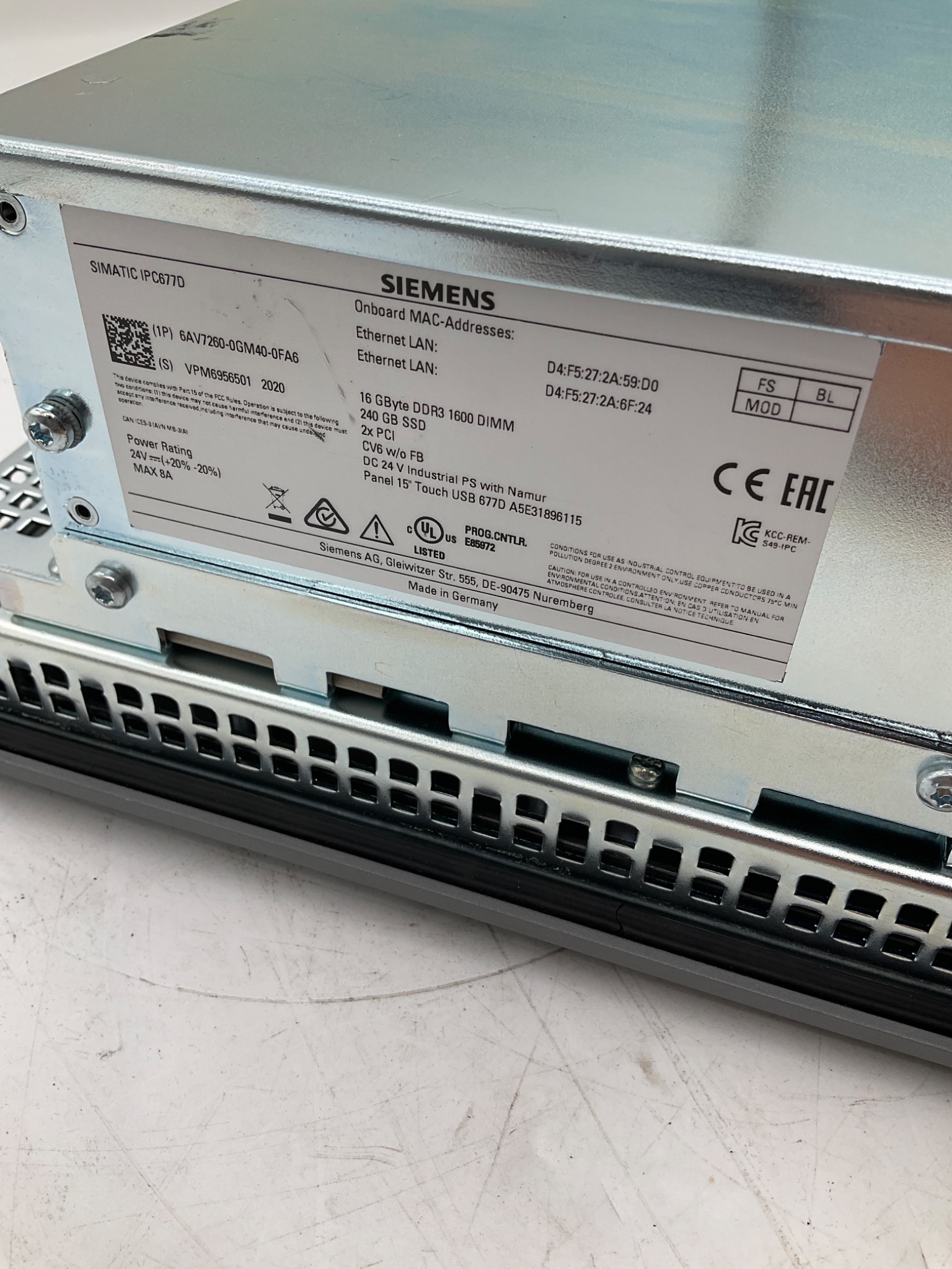SIEMENS 6AV7260-0GM40-0FA6 SIMATIC IPC677D 15" Touch Panel PC USED 2