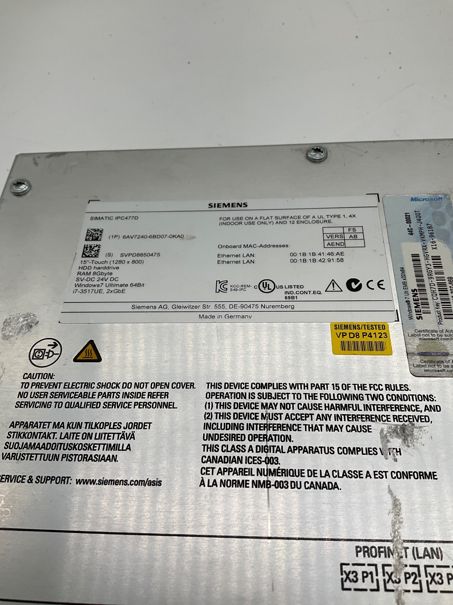 SIEMENS 6AV7240-6BD07-0KA0 SIMATIC IPC477D 15" Touch Panel PC USED 4