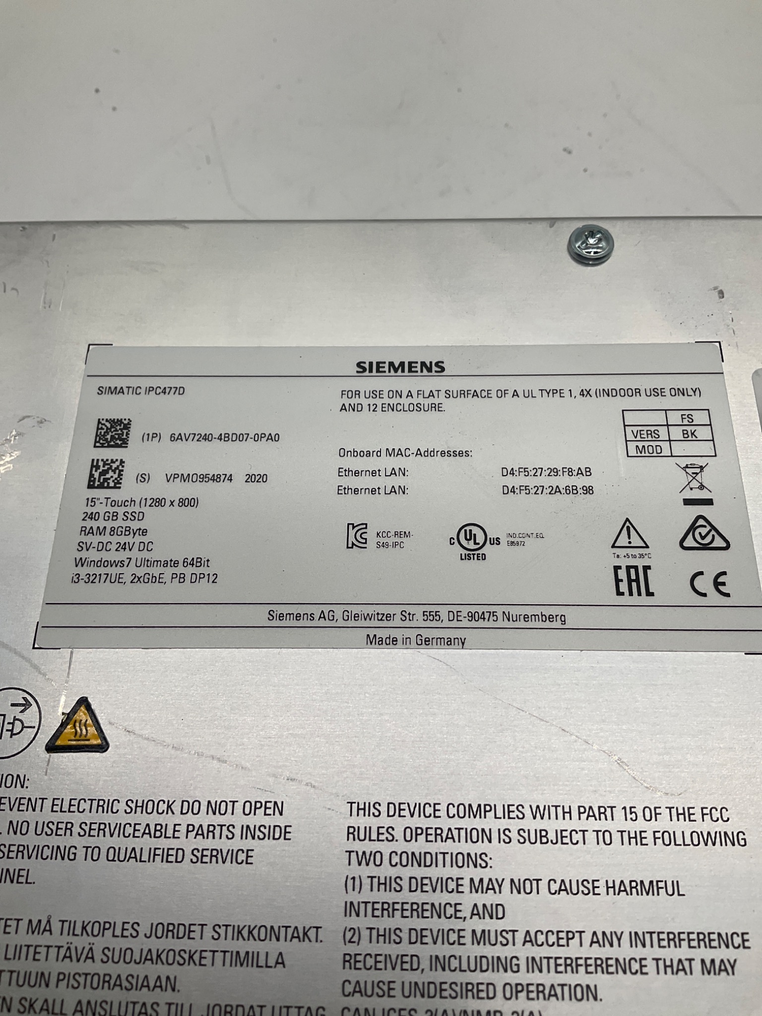 SIEMENS 6AV7240-4BD07-0PA0 SIMATIC IPC477D 15" Touch Panel PC USED 2