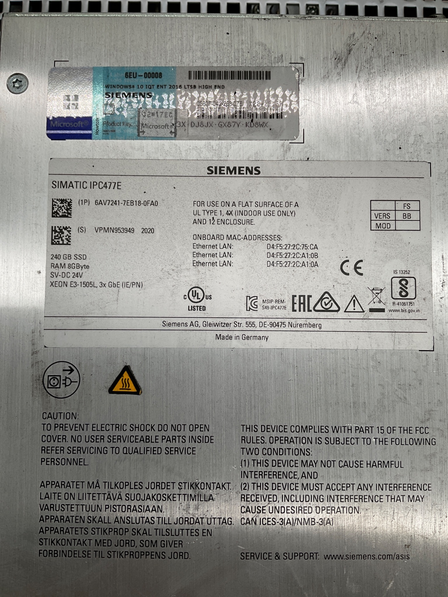 SIEMENS 6AV7241‑7EB18‑0FA0 SIMATIC IPC477E Touch Panel PC USED 3