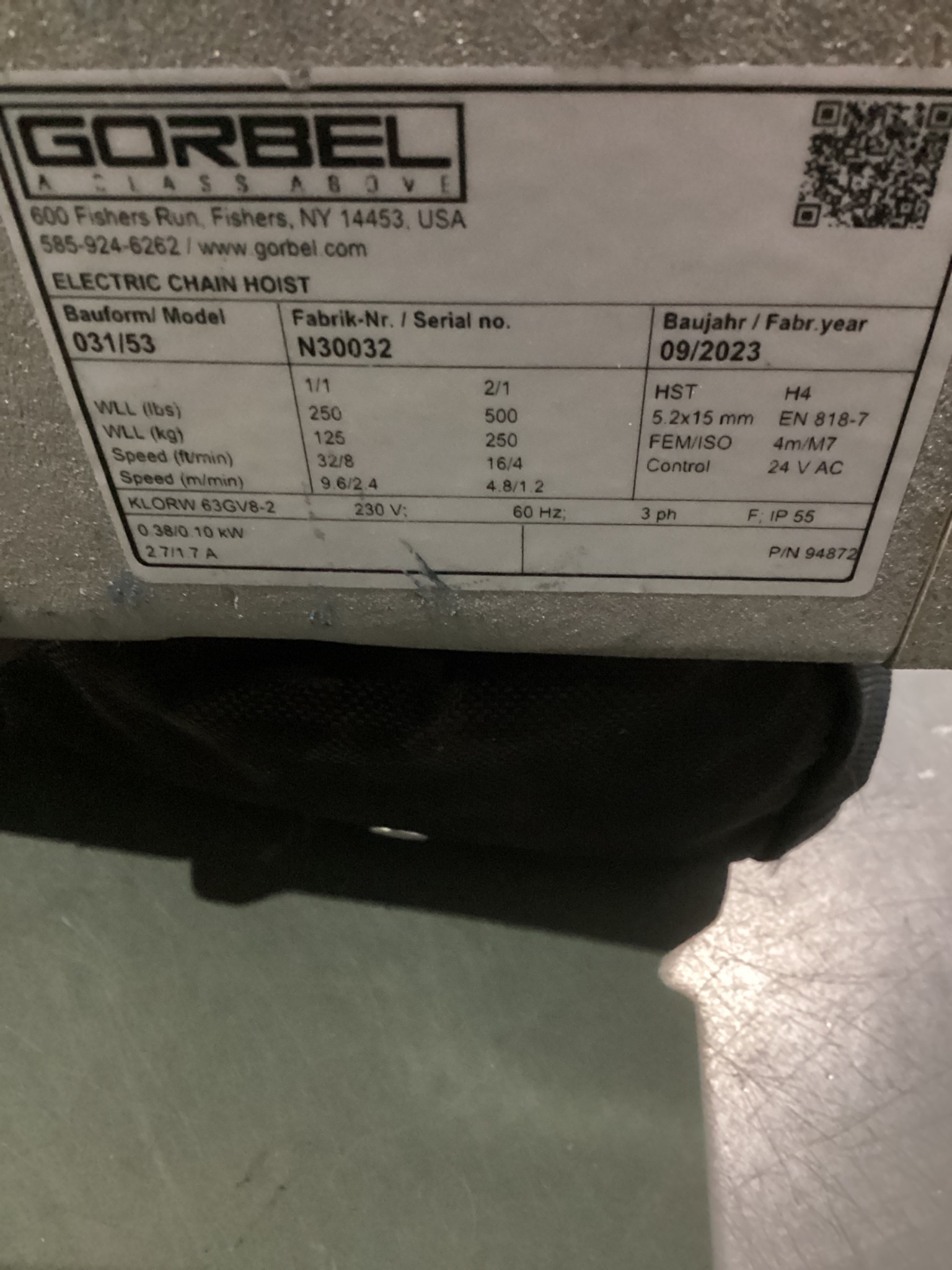 GORBEL 94872 GS Series 1/8 Ton Electric Chain Hoist NEW 5