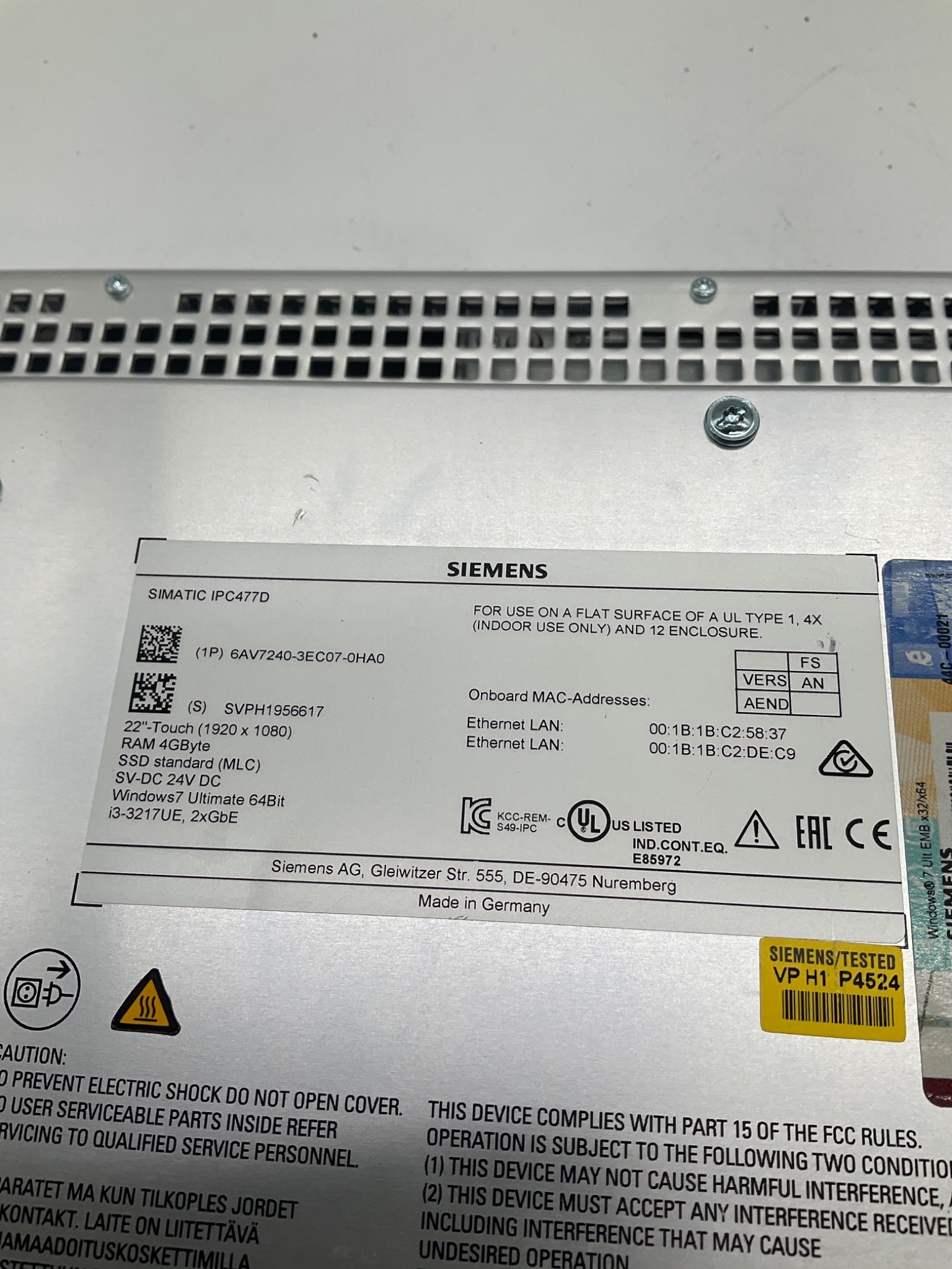 SIEMENS 6AV7240-3EC07-0HA0 SIMATIC IPC477D 22" Touch Panel PC USED 3