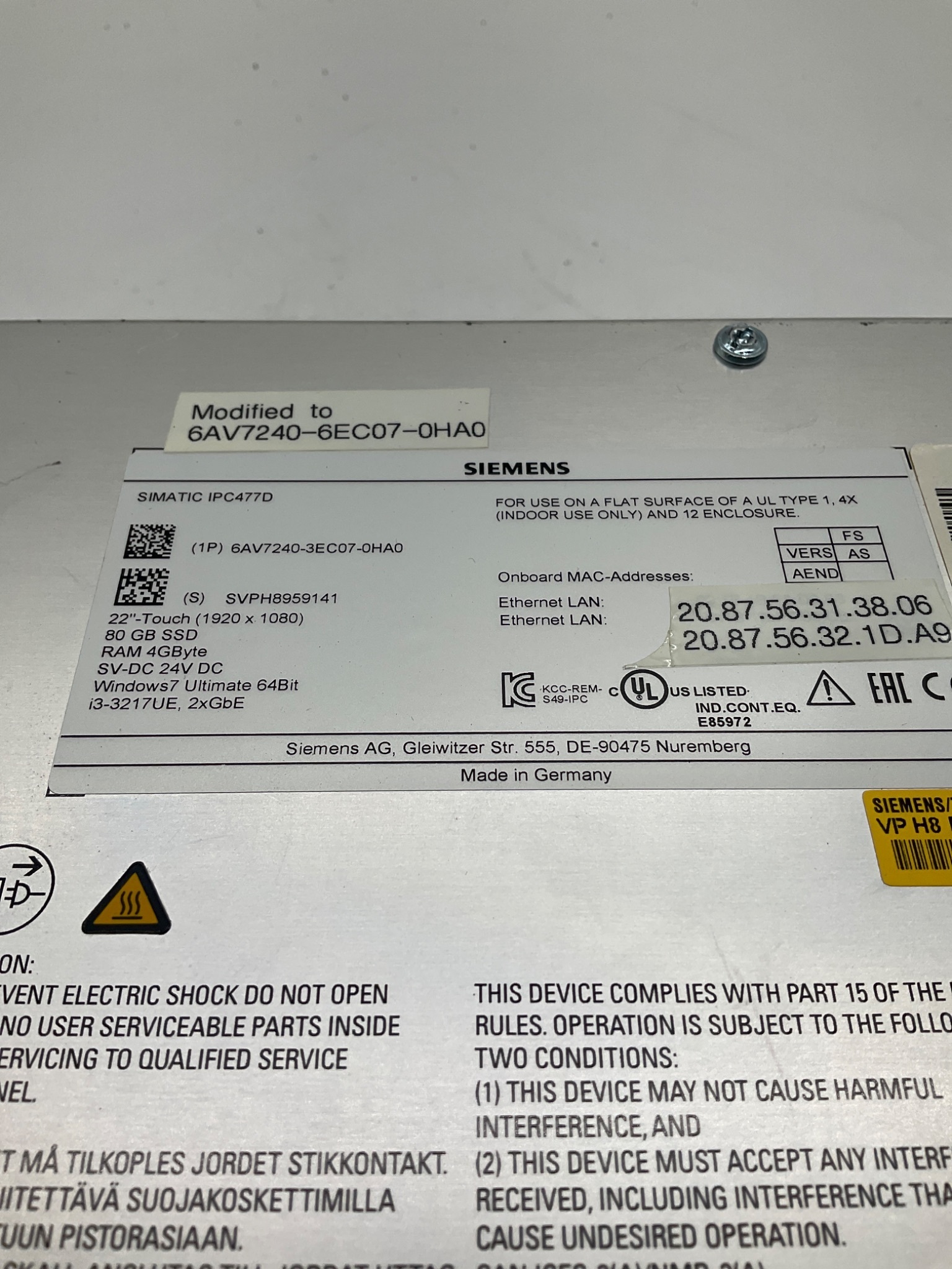 SIEMENS 6AV7240-6EC07-0HA0 SIMATIC IPC477D 22" Touch Panel PC USED 1