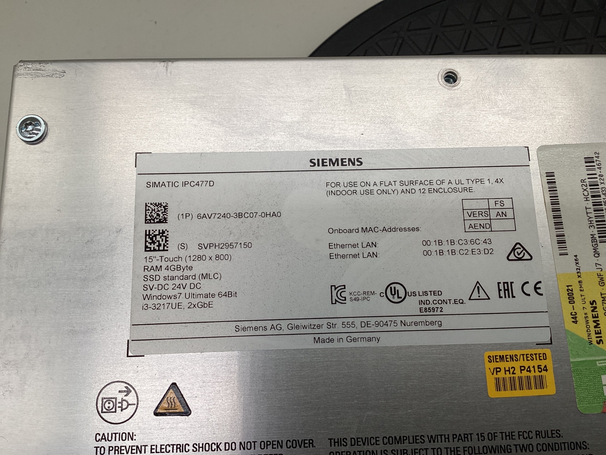 SIEMENS 6AV7240-3BC07-0HA0 SIMATIC IPC477D 15" Touch Panel PC USED 5