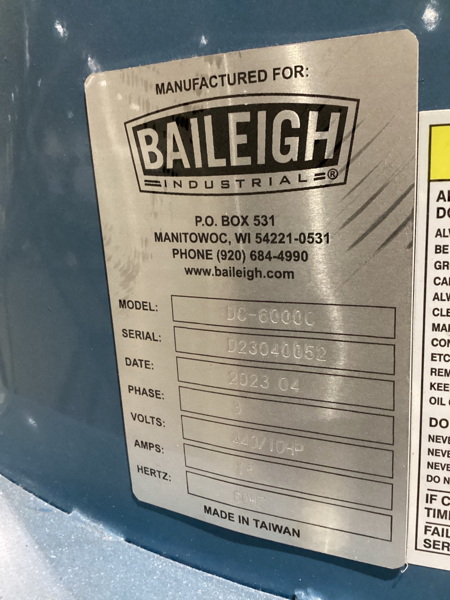 BAILEIGH DC-6000C Dust Collector USED 10