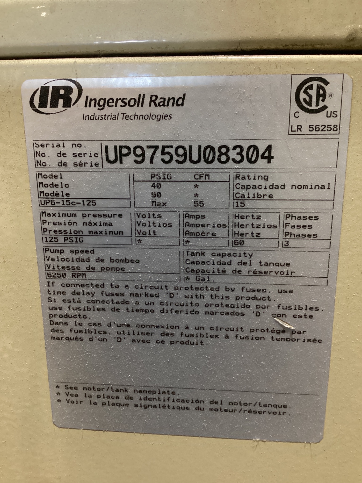 INGERSOLL RAND UP6-15C-125 Rotary Screw Air Compressor USED 4