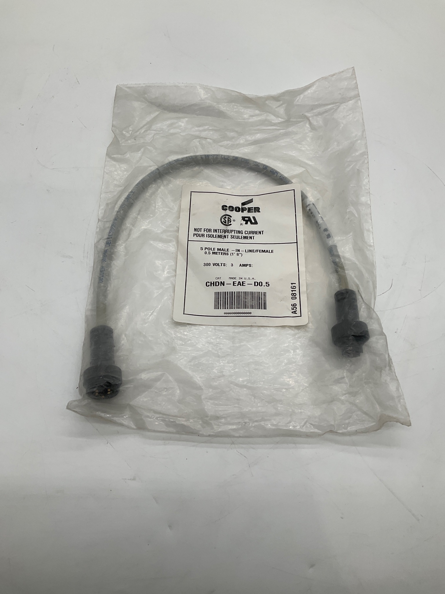 Cooper CHDN-EAE-D0.5 5-Pole Male Inline Female Cordset 0.5 Meter NEW 0