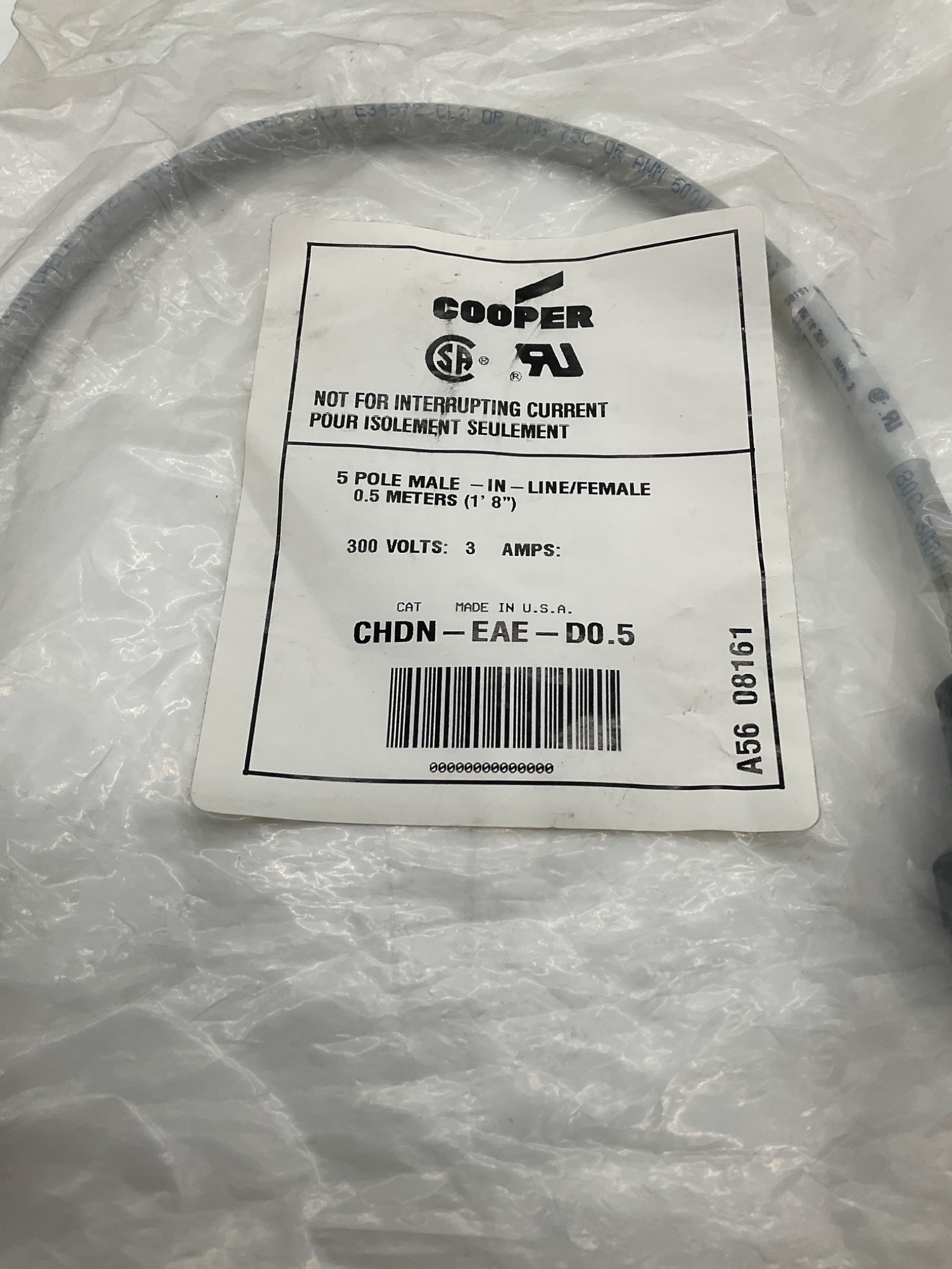 Cooper CHDN-EAE-D0.5 5-Pole Male Inline Female Cordset 0.5 Meter NEW 1