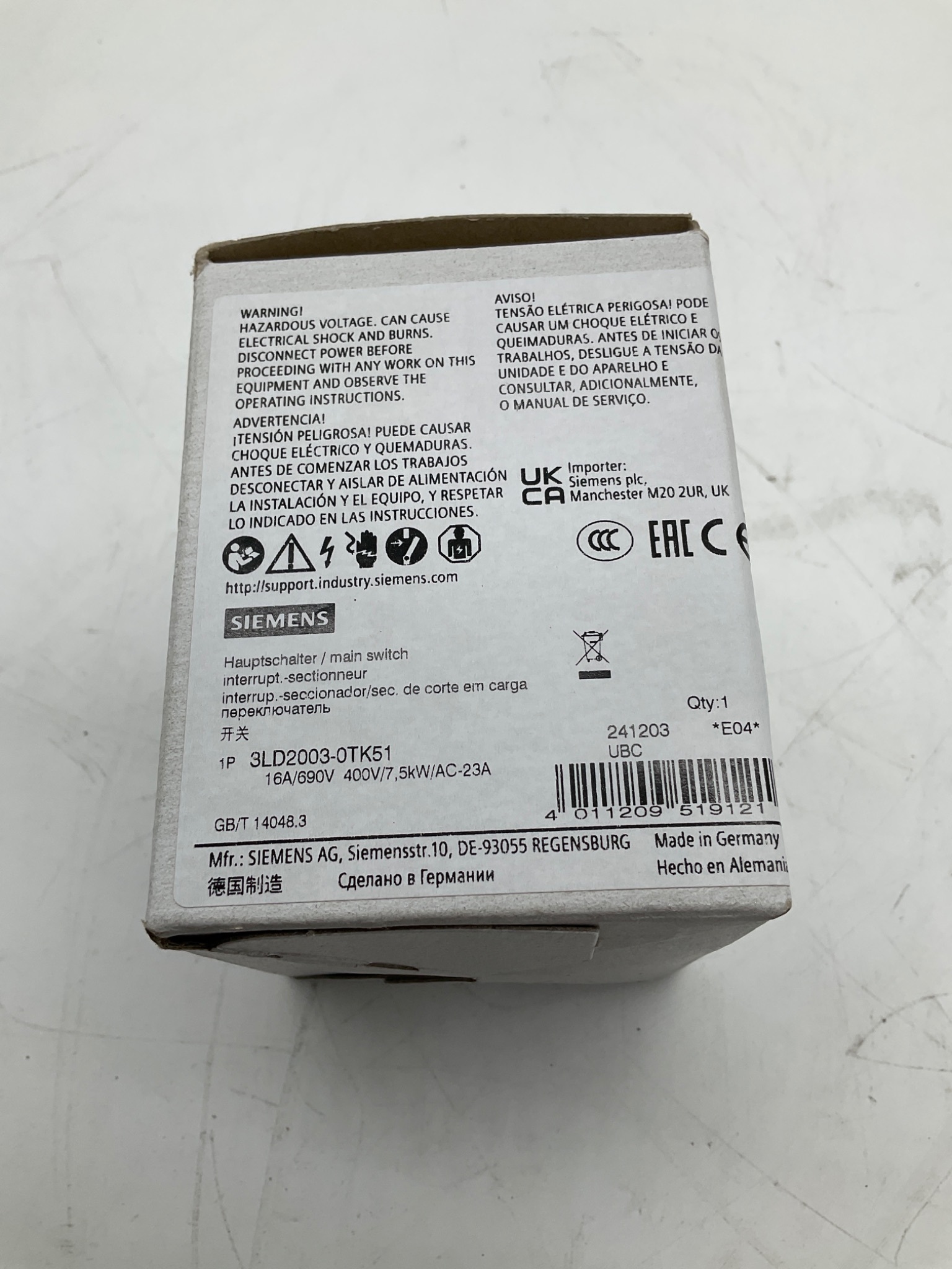 Siemens 3LD2003-0TK51 Main Switch 16A 690V 1-Pole NEW 1