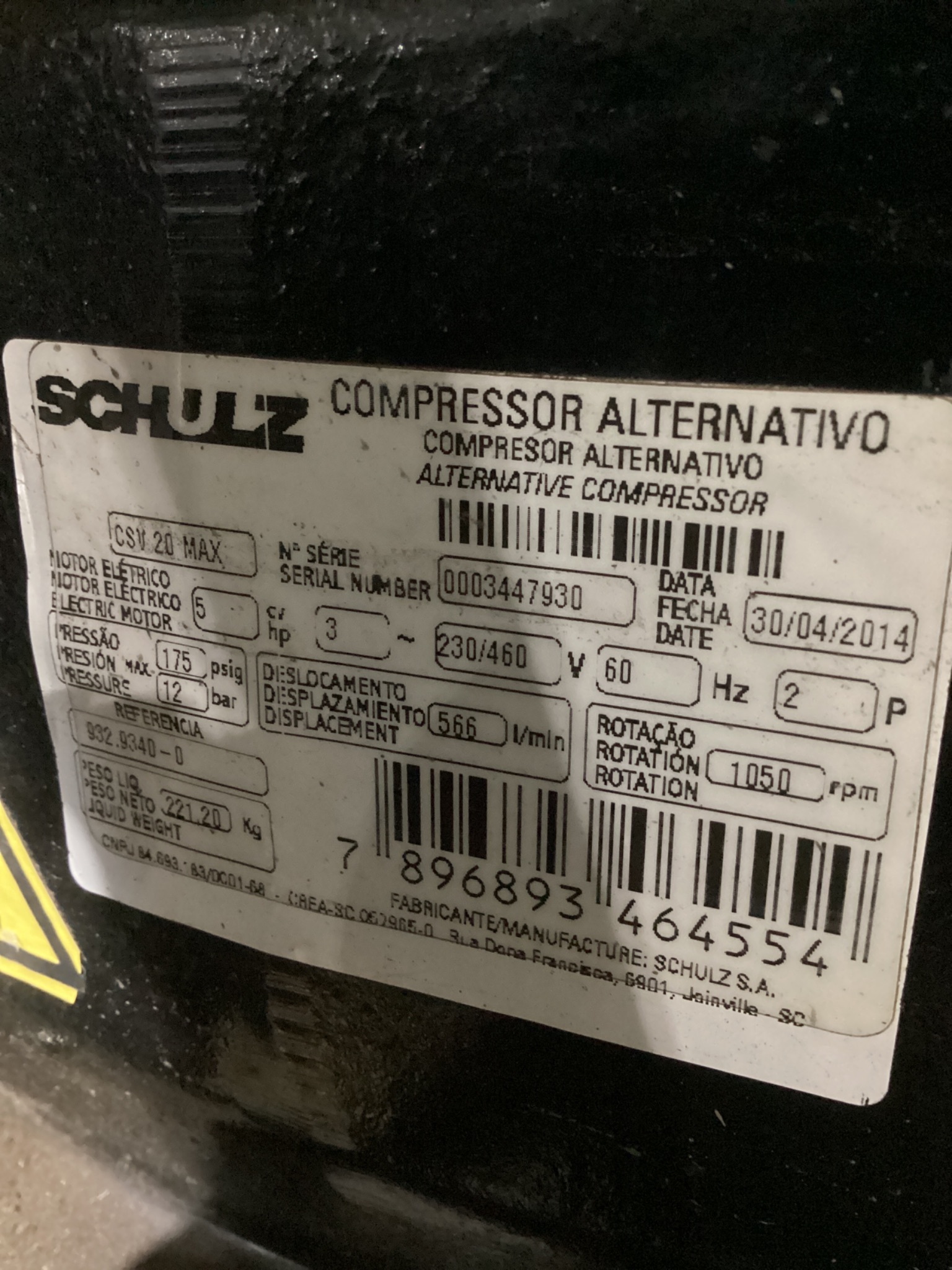 Schulz CSV 20 MAX 5 HP Vertical Air Compressor 80 Gallon USED 5