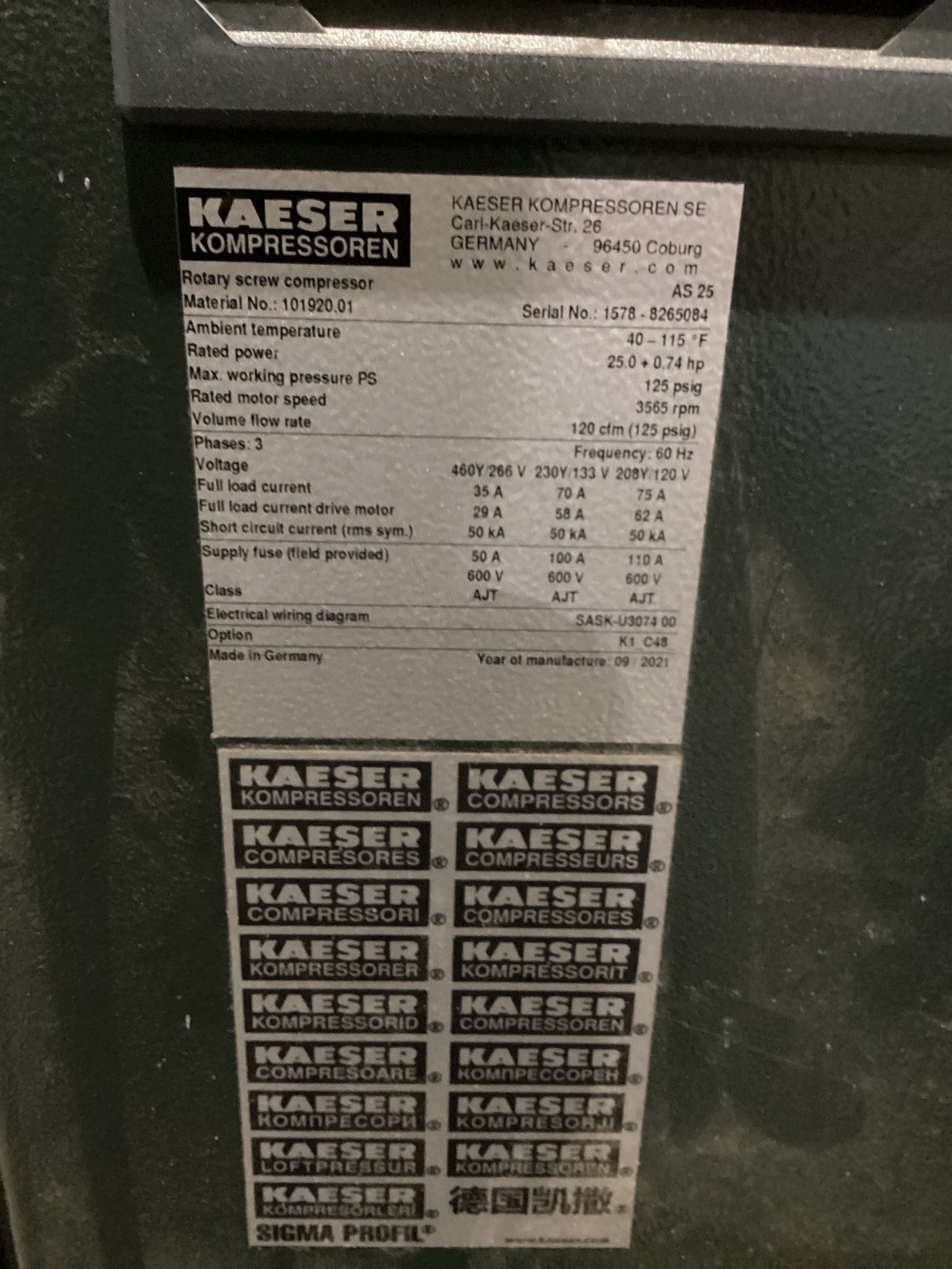 Kaeser AS 25 Rotary Screw Air Compressor USED 2