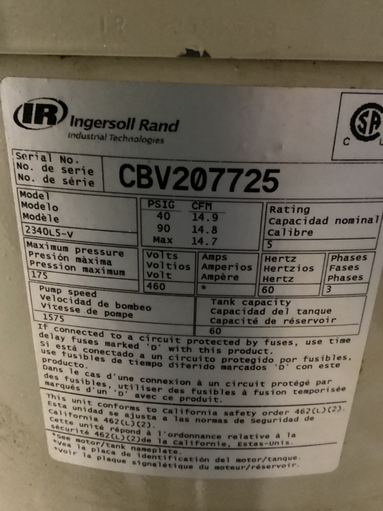 Ingersoll Rand 2340L5-V 5 HP Two-Stage Reciprocating Air Compressor USED 5