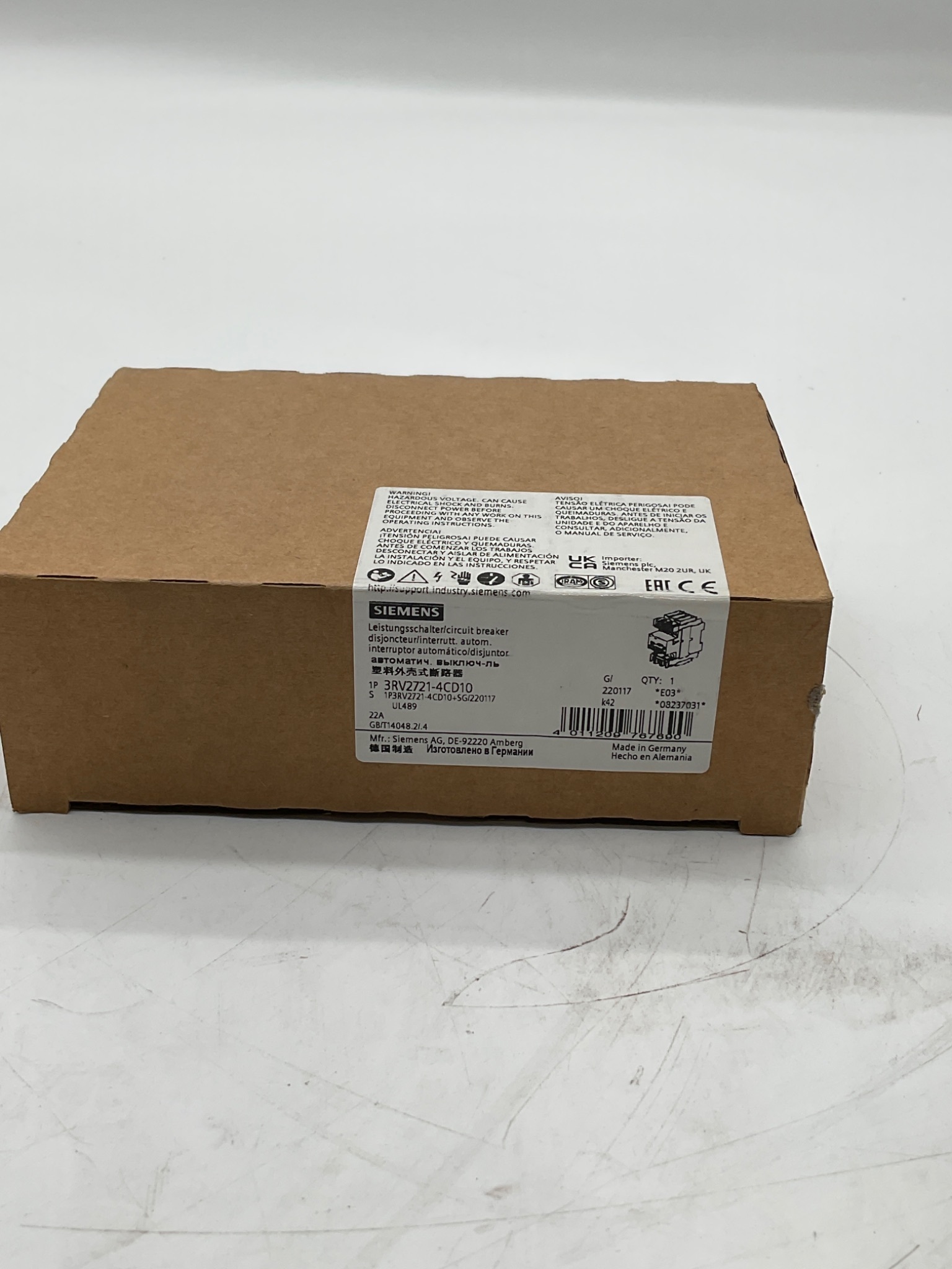 Siemens 3RV2721-4CD10 Circuit Breaker 22A 1-Pole UL489 NEW 0