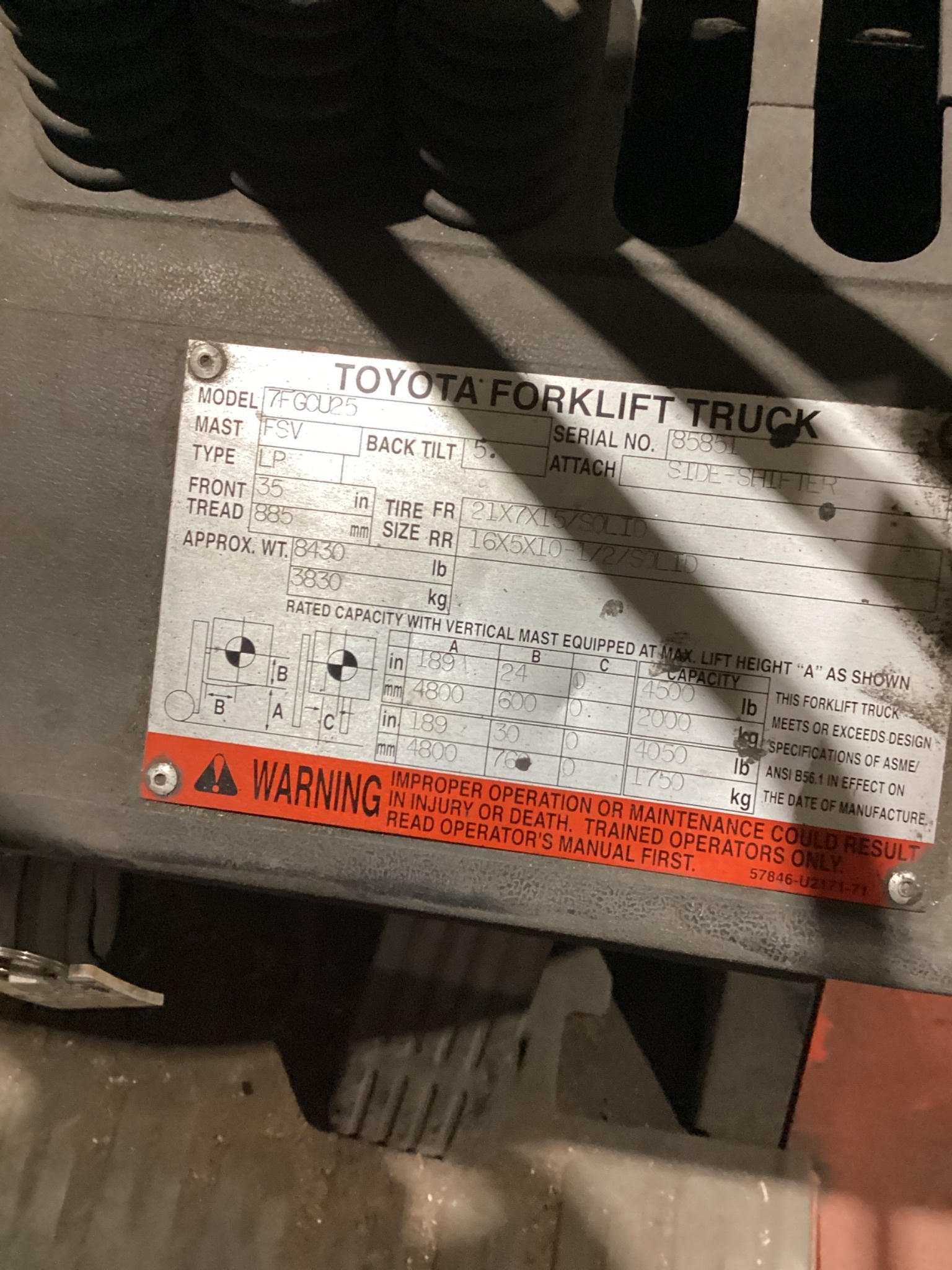 TOYOTA 7FGCU25 Forklift 5,000 lb Capacity 189 in Lift - USED 3