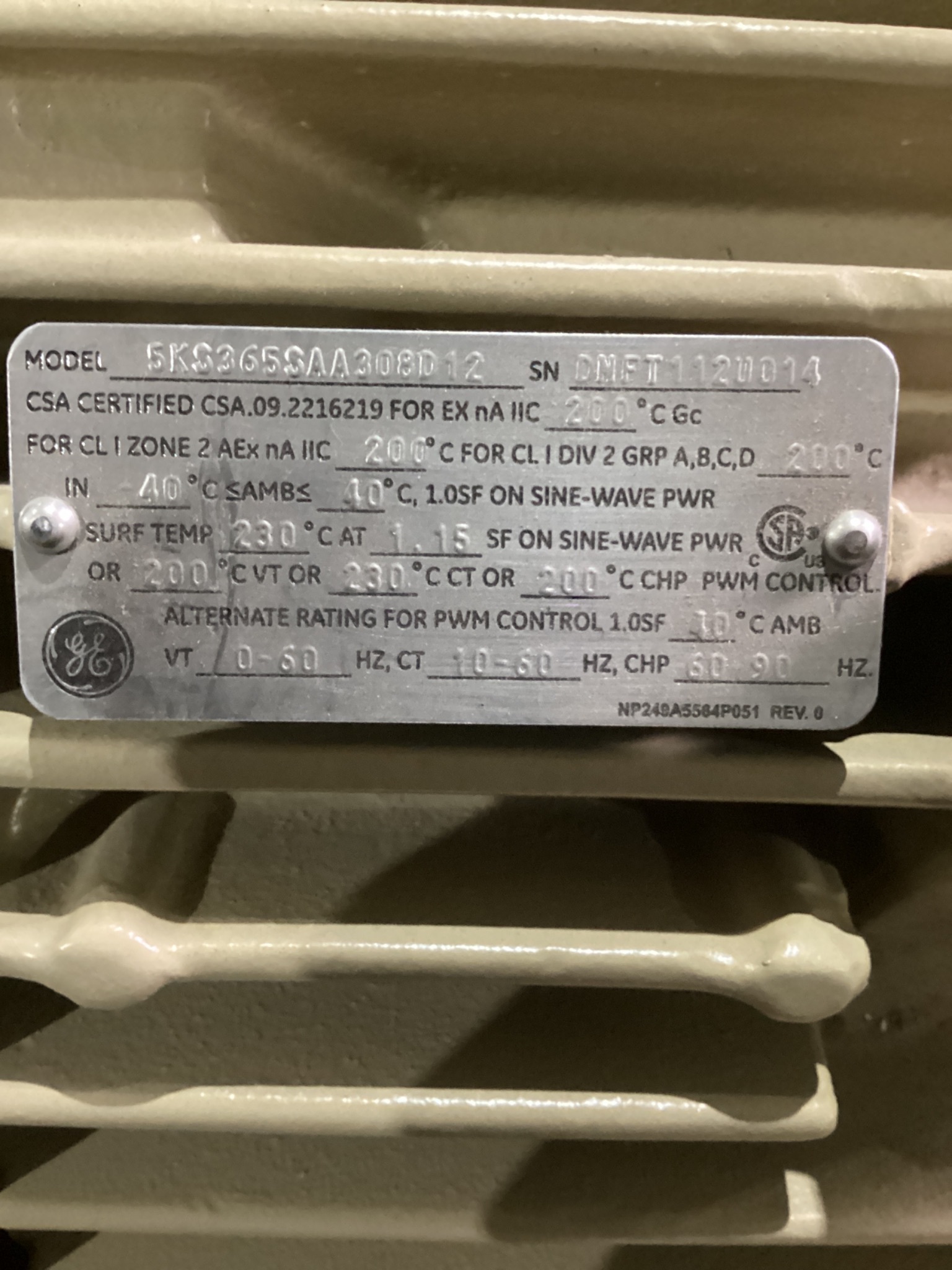 GENERAL ELECTRIC 5KS365SAA308D12 50HP AC Motor 460V 356T USED 4