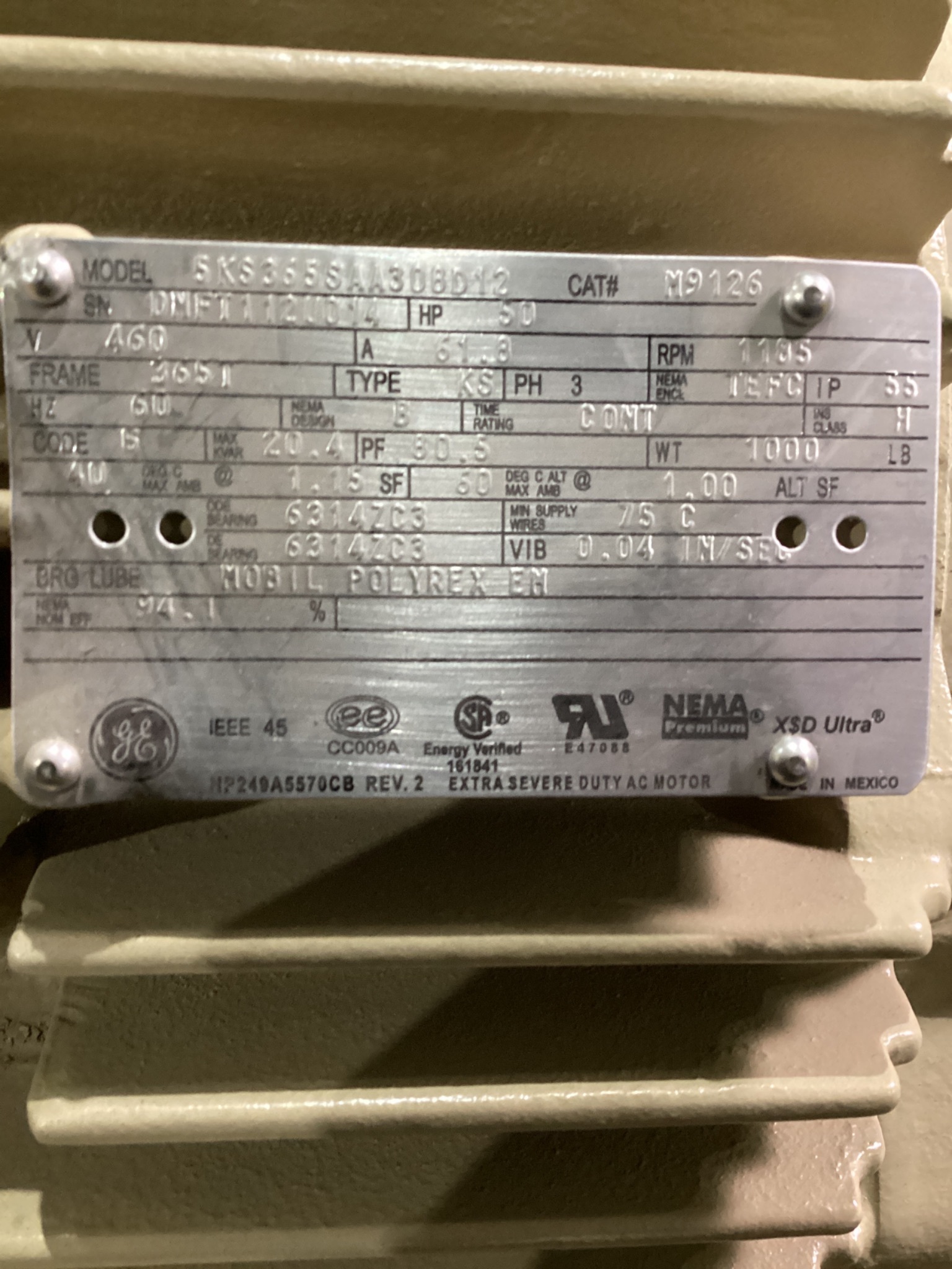 GENERAL ELECTRIC 5KS365SAA308D12 50HP AC Motor 460V 356T USED 5