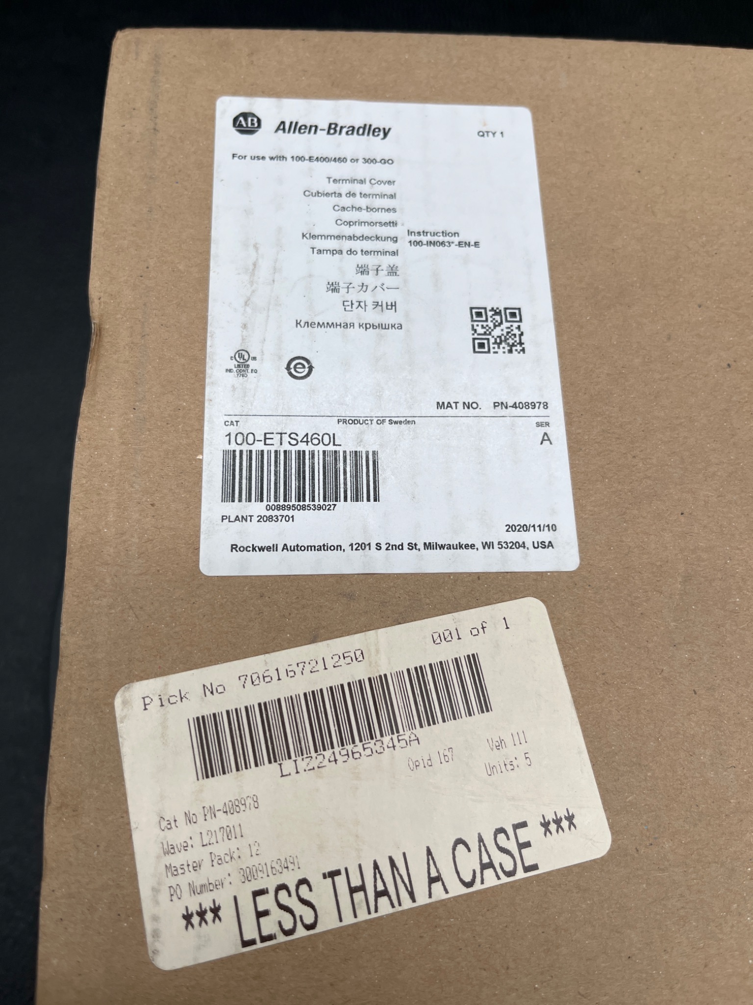 ALLEN-BRADLEY 100-ETS460L Terminal Cover Series A NEW 4