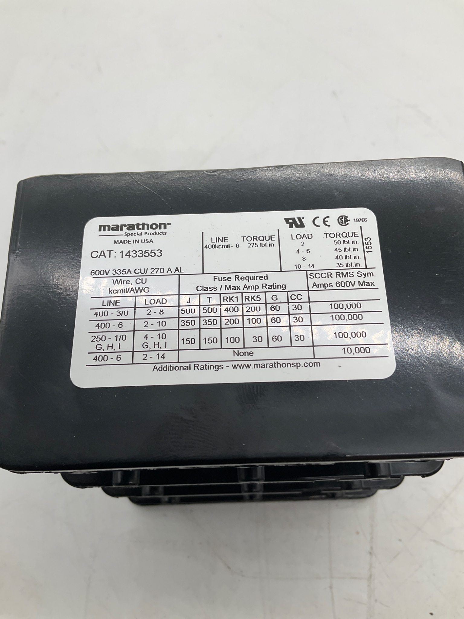 MARATHON 1433553 Power Distribution Block 335A 600V NEW 3