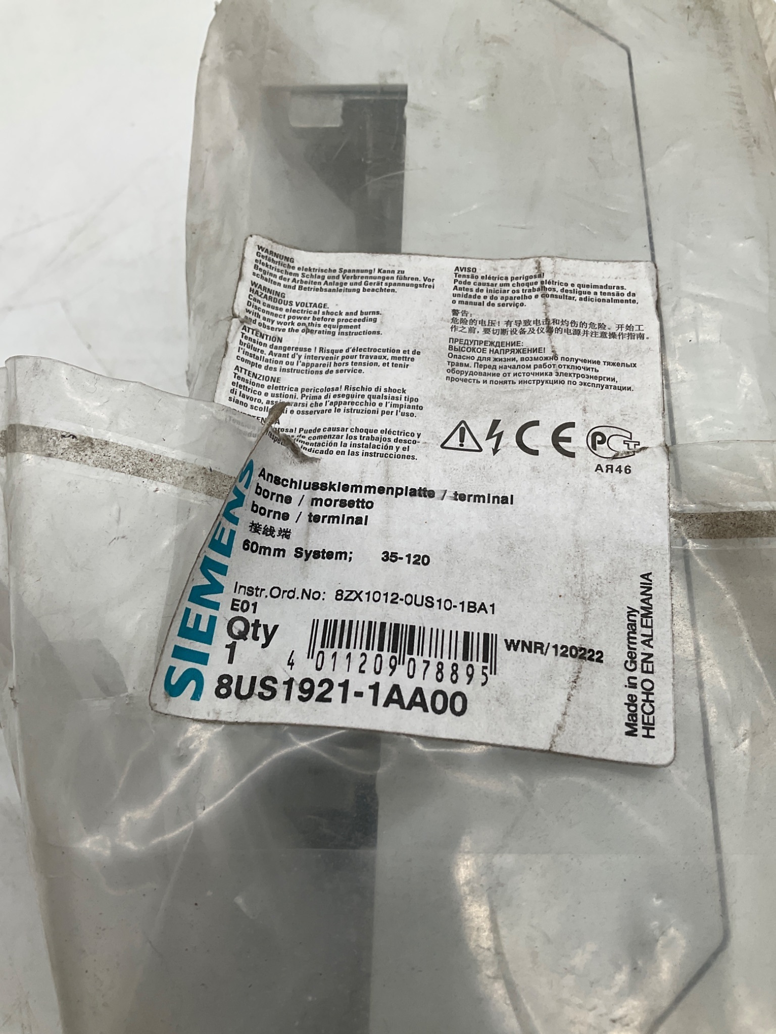 SIEMENS 8US1921-1AA00 Terminal Plate 60mm Busbar System NEW 2