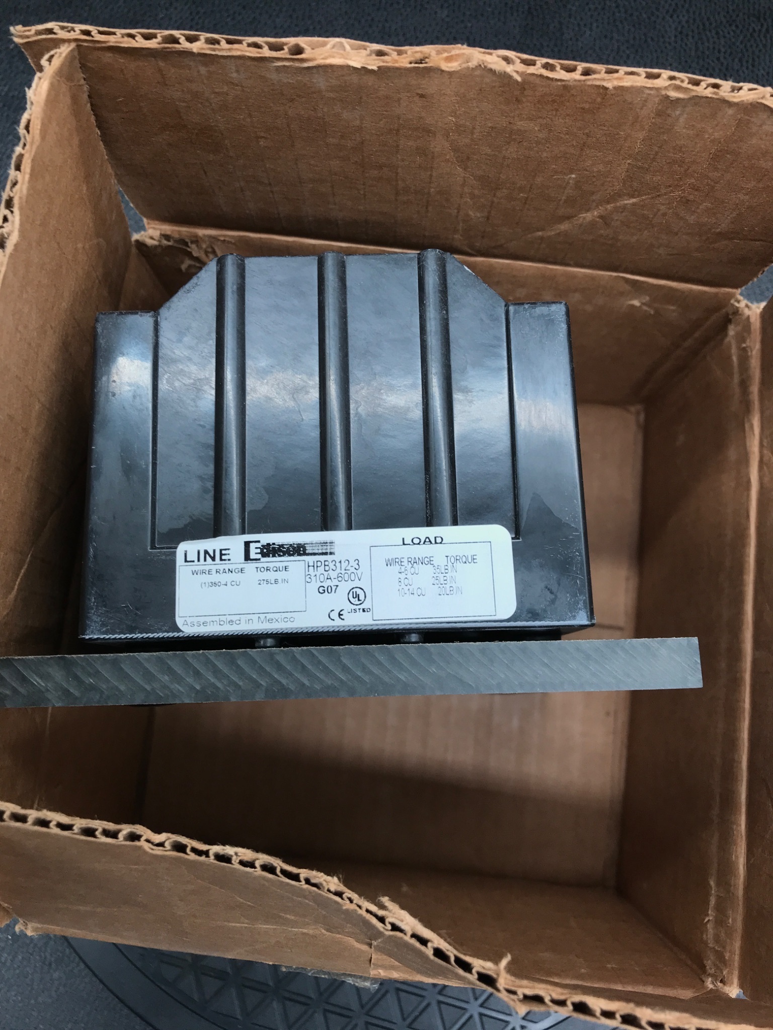 EDISON HPB312-3 Power Distribution Block 310A 600V 3-Pole NEW 5