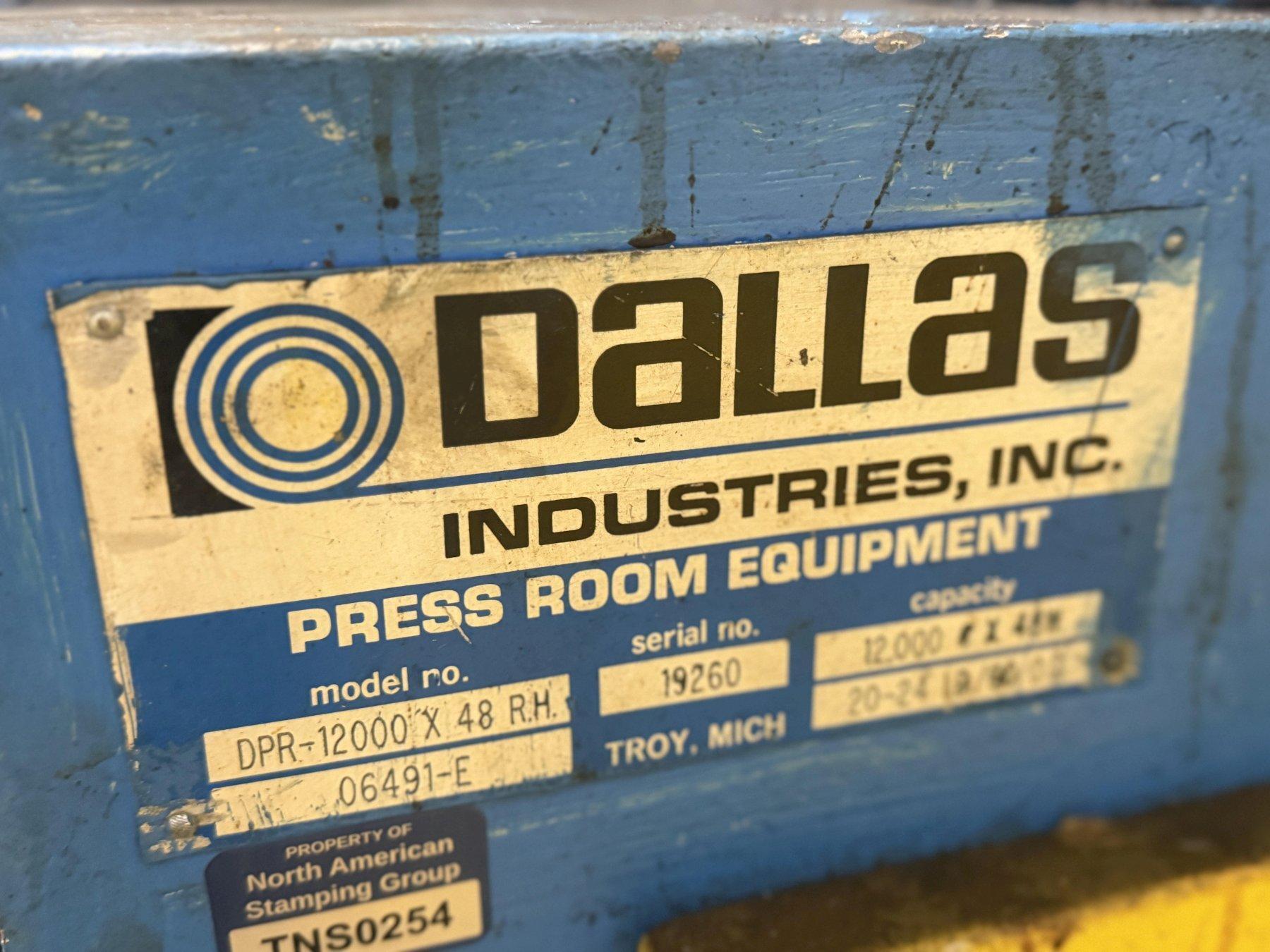 12,000 L B X 48” DALLAS MODEL #DPR-12000 X 48 RH MOTORIZED COIL REEL UNCOILER USED 5