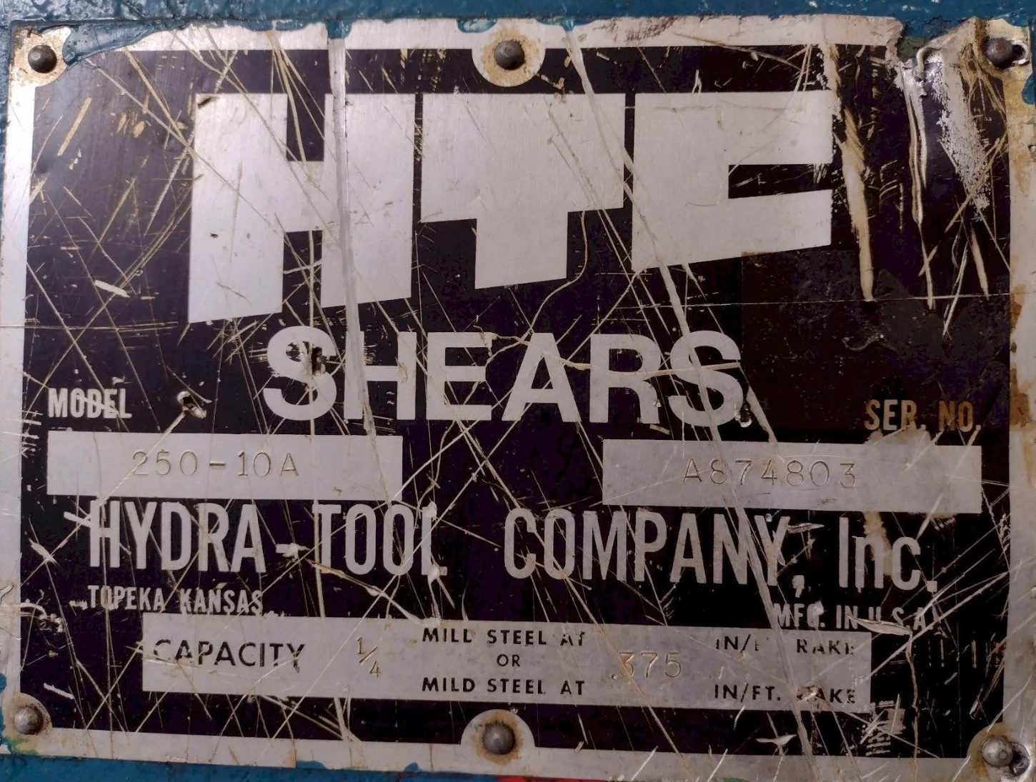 10'x1/4" HTC Model 250-10A Hydraulic Shear Used 1