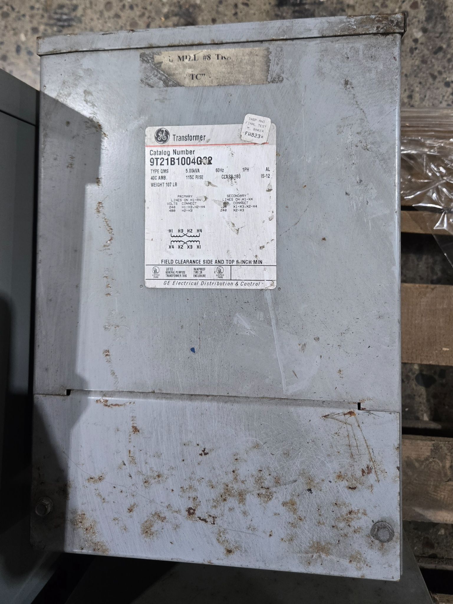 GENERAL ELECTRIC 9T21B1004G02 Transformer 240/480V - 120/240V, 5 kVa, 1PH USED 0